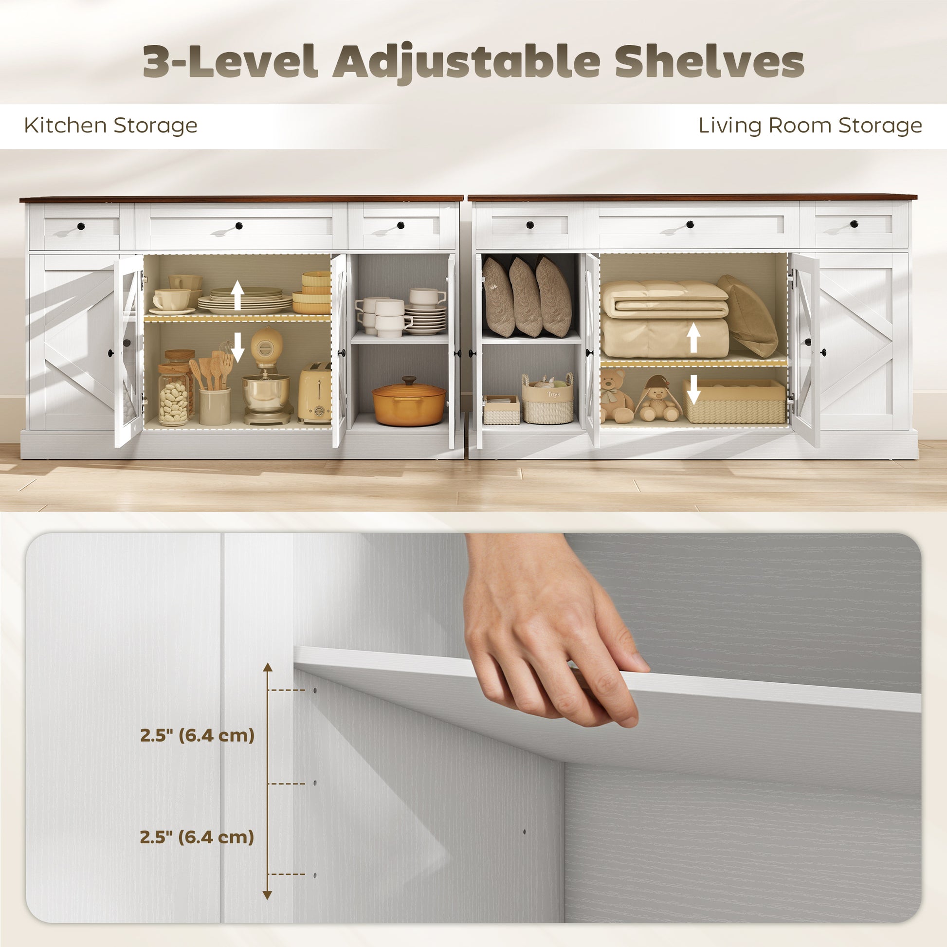 54" Farmhouse Sideboard Buffet Cabinet with Acrylic Doors - White-DECOROLALA