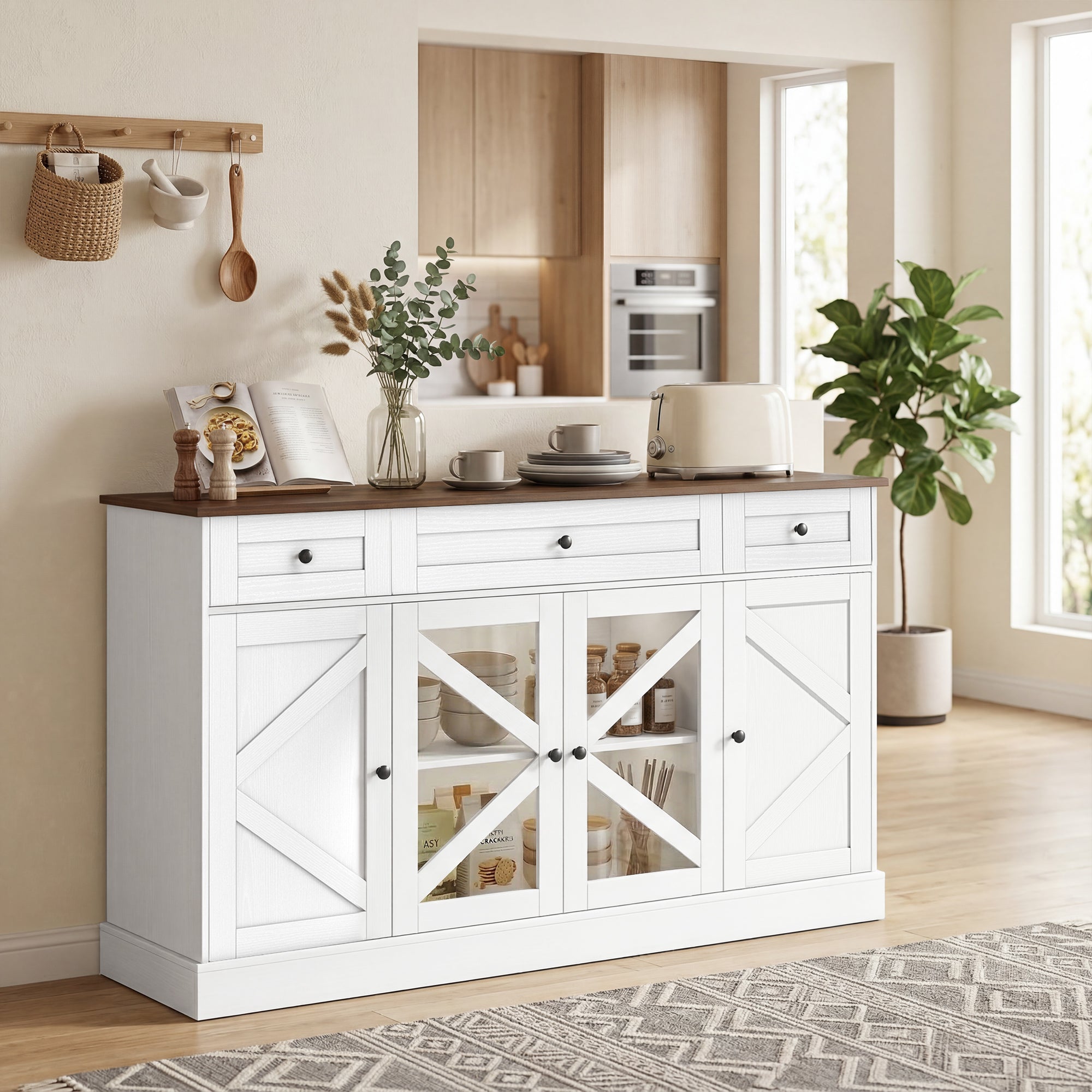 54" Farmhouse Sideboard Buffet Cabinet with Acrylic Doors - White-DECOROLALA