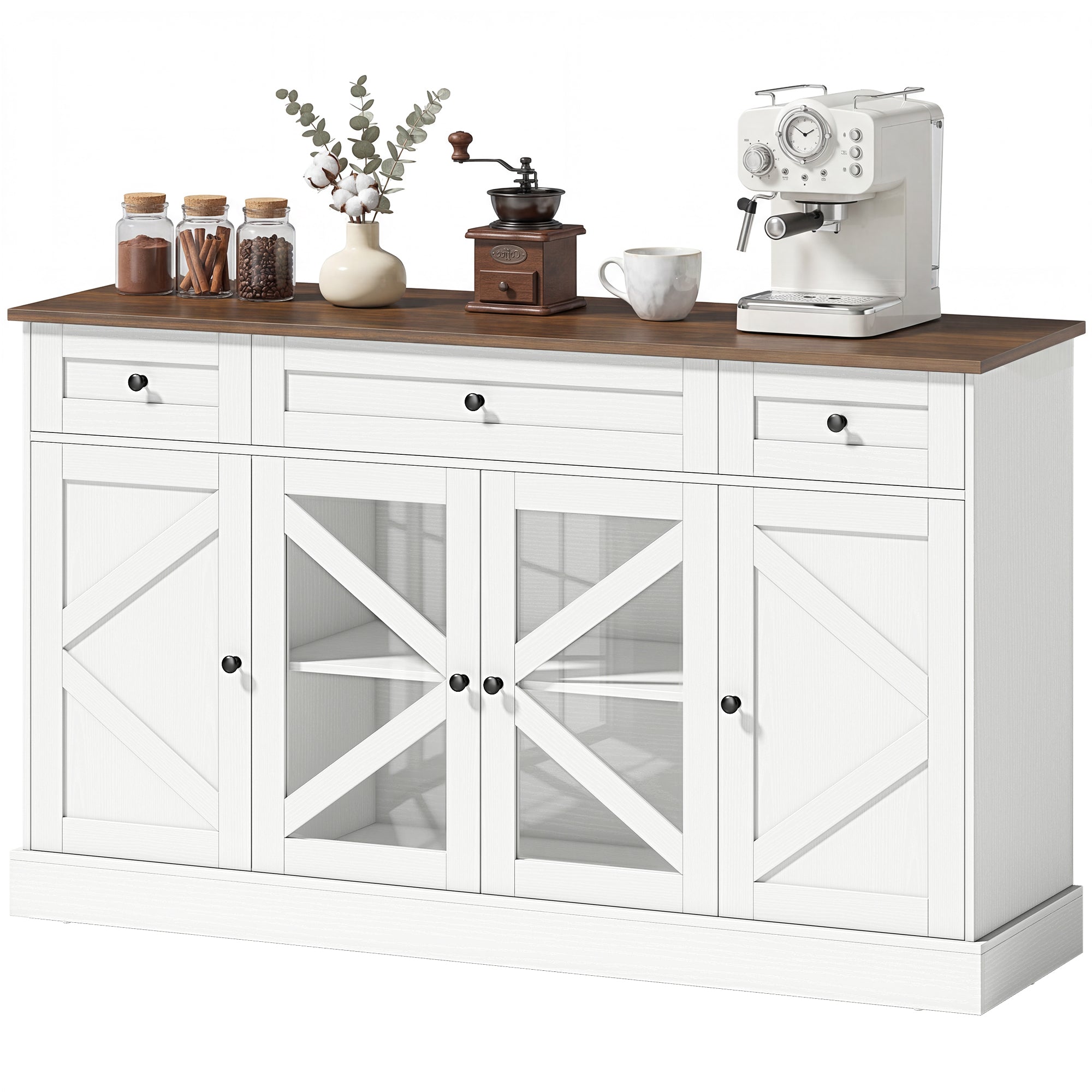 54" Farmhouse Sideboard Buffet Cabinet with Acrylic Doors - White-DECOROLALA