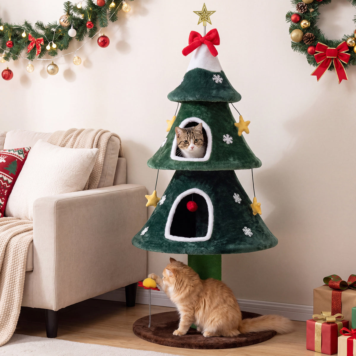 54 Inch Christmas Cat Tree with 2 Private Condos for Indoor Cats-Green-Cat Trees & Scratchers-DECOROLALA