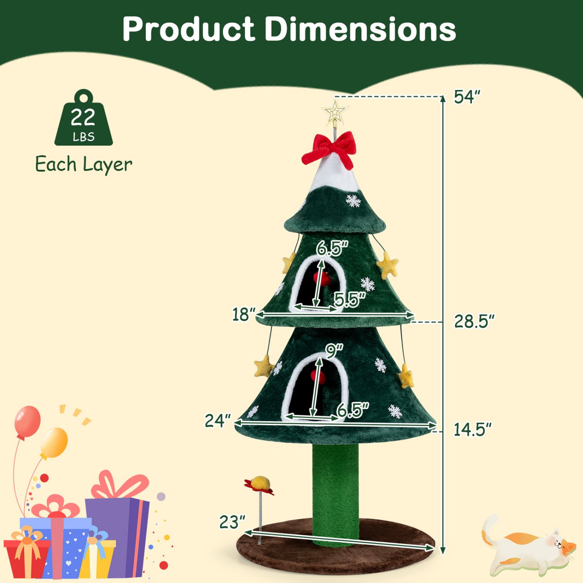 54 Inch Christmas Cat Tree with 2 Private Condos for Indoor Cats-Green-Cat Trees & Scratchers-DECOROLALA