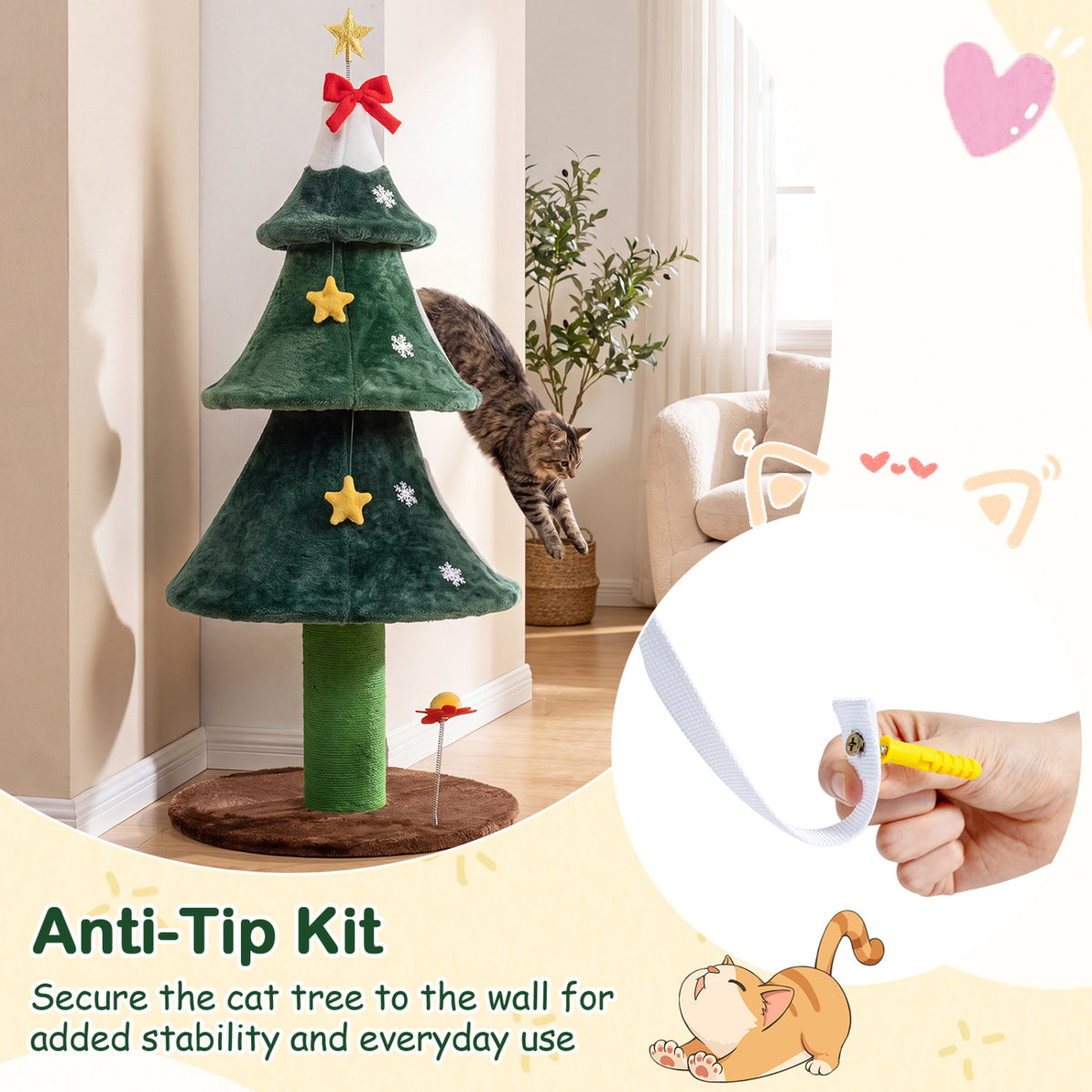 54 Inch Christmas Cat Tree with 2 Private Condos for Indoor Cats-Green-Cat Trees & Scratchers-DECOROLALA