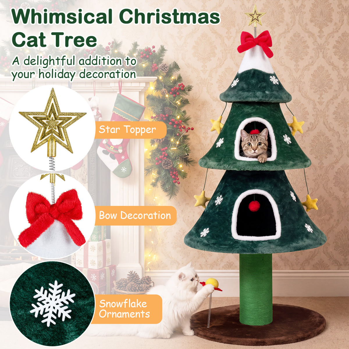 54 Inch Christmas Cat Tree with 2 Private Condos for Indoor Cats-Green-Cat Trees & Scratchers-DECOROLALA
