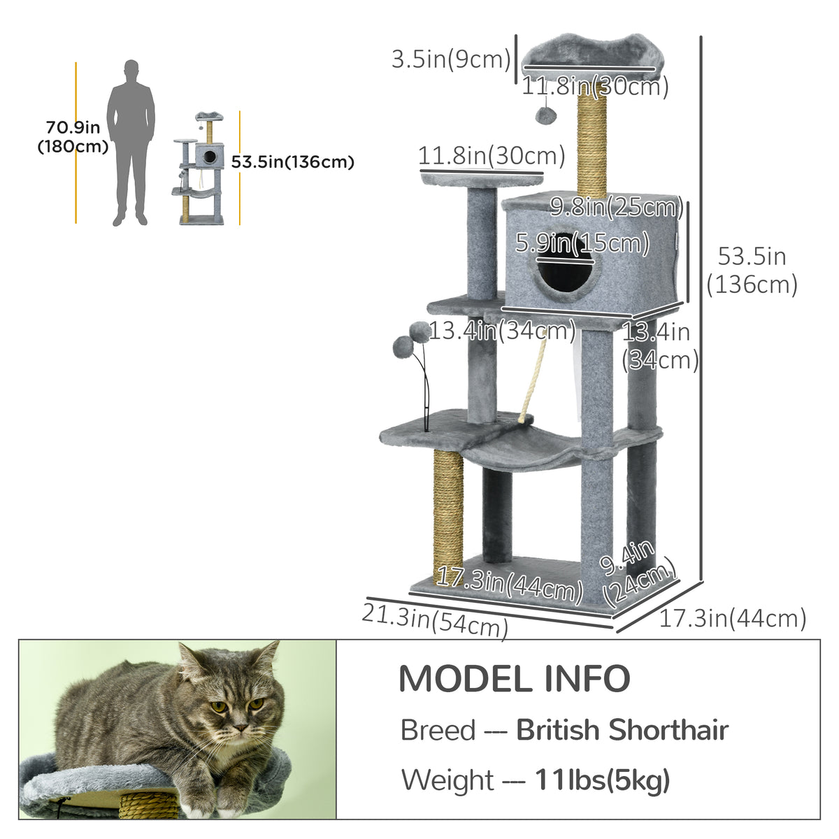 54" Multi-Level Cat Tree Tower with Hammock and Condo - Grey-Cats-DECOROLALA