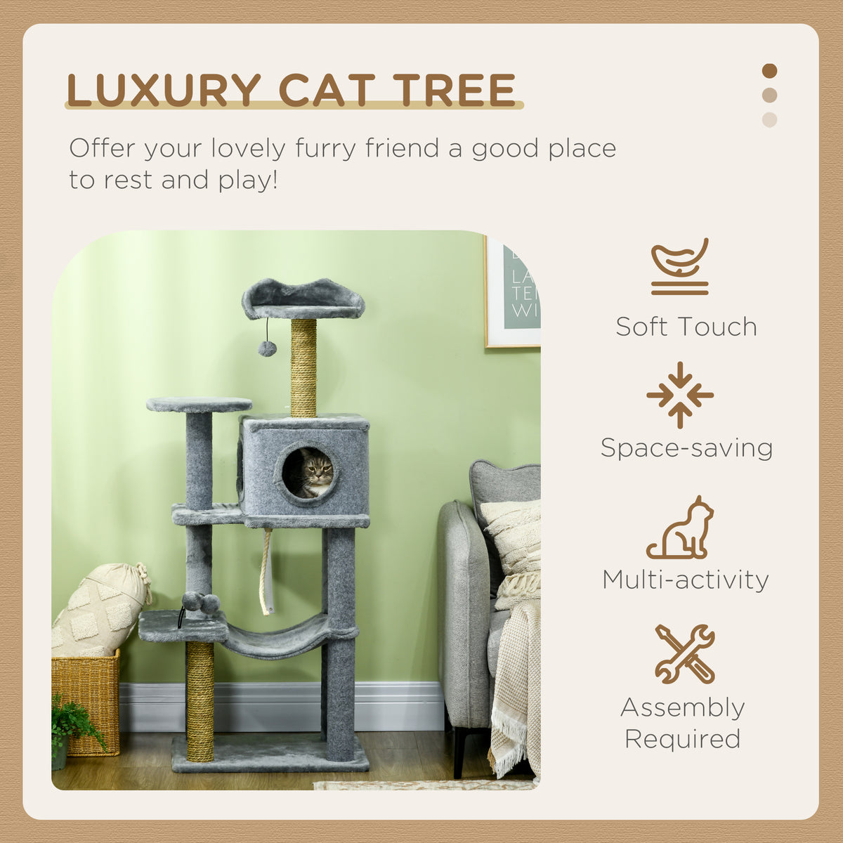 54" Multi-Level Cat Tree Tower with Hammock and Condo - Grey-Cats-DECOROLALA