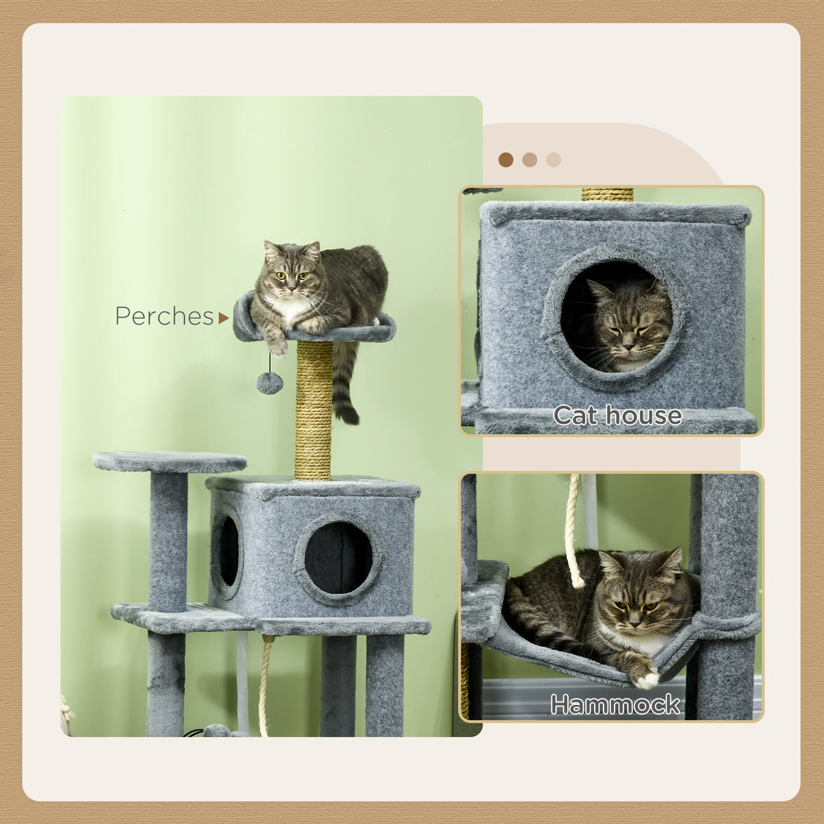 54" Multi-Level Cat Tree Tower with Hammock and Condo - Grey-Cats-DECOROLALA