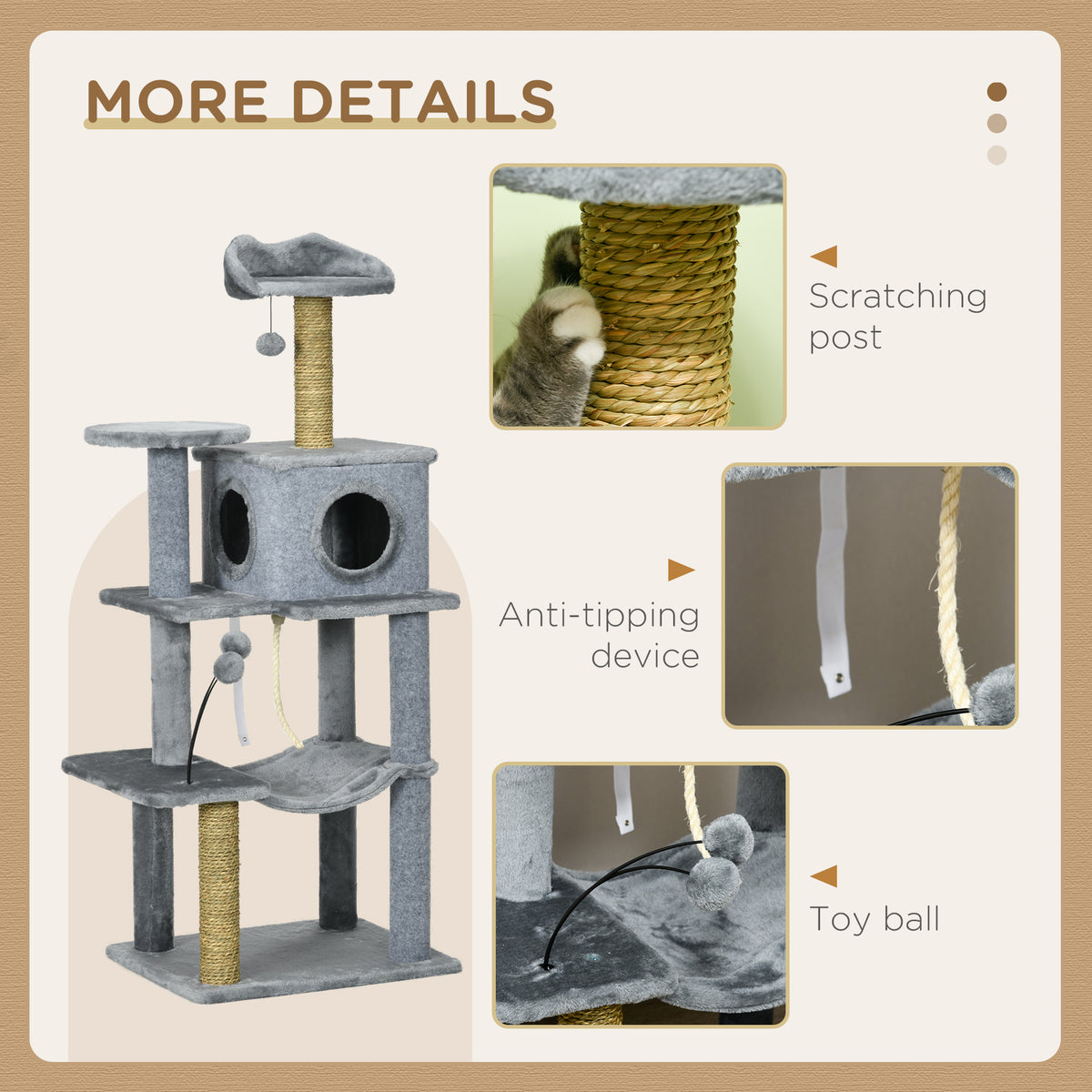 54" Multi-Level Cat Tree Tower with Hammock and Condo - Grey-Cats-DECOROLALA