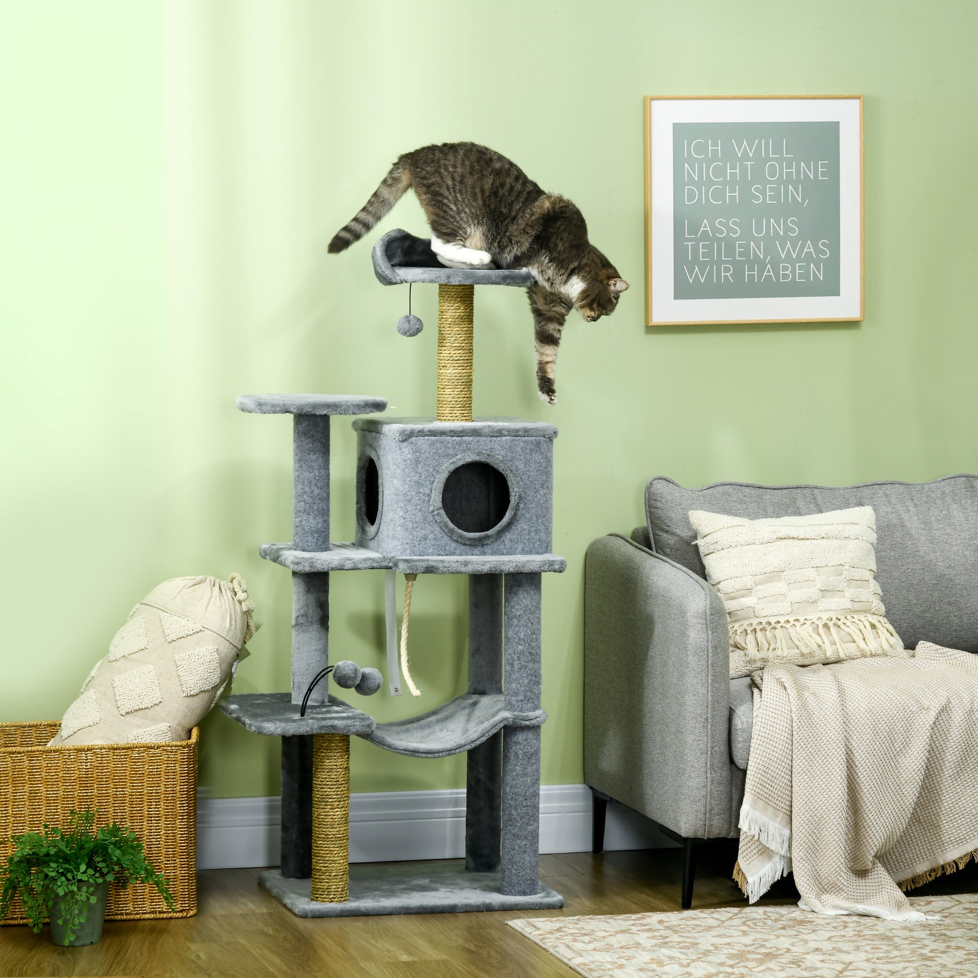 54" Multi-Level Cat Tree Tower with Hammock and Condo - Grey-Cats-DECOROLALA