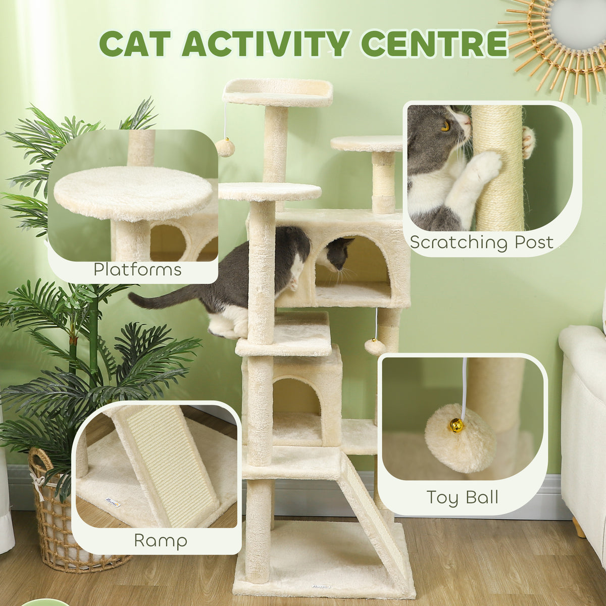 54" Multi-Level Cat Tree Tower with Scratching Posts - Beige-Cats-DECOROLALA