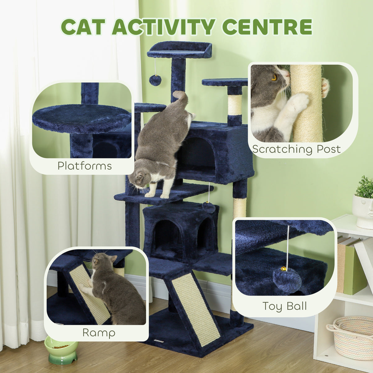 54" Multi-Level Cat Tree Tower with Scratching Posts - Dark Blue-Cats-DECOROLALA
