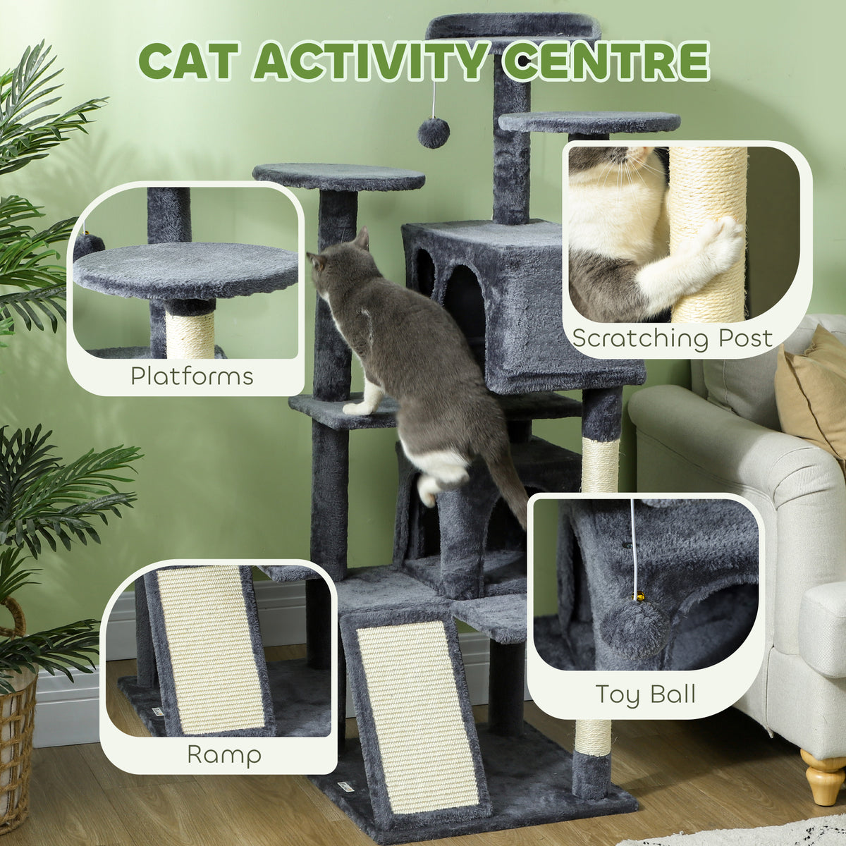 54" Multi-Level Cat Tree Tower with Scratching Posts - Dark Grey-Cats-DECOROLALA