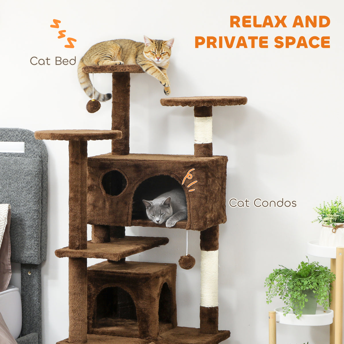 54" Multi-Level Cat Tree Tower with Scratching Posts - Light Brown-Cats-DECOROLALA
