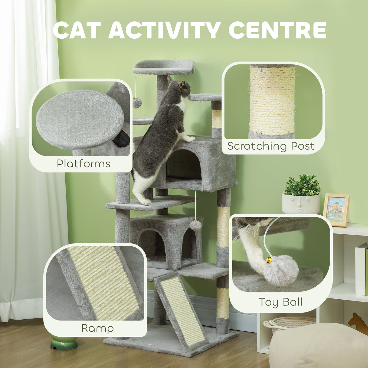 54" Multi-Level Cat Tree Tower with Scratching Posts - Light Grey-Cats-DECOROLALA