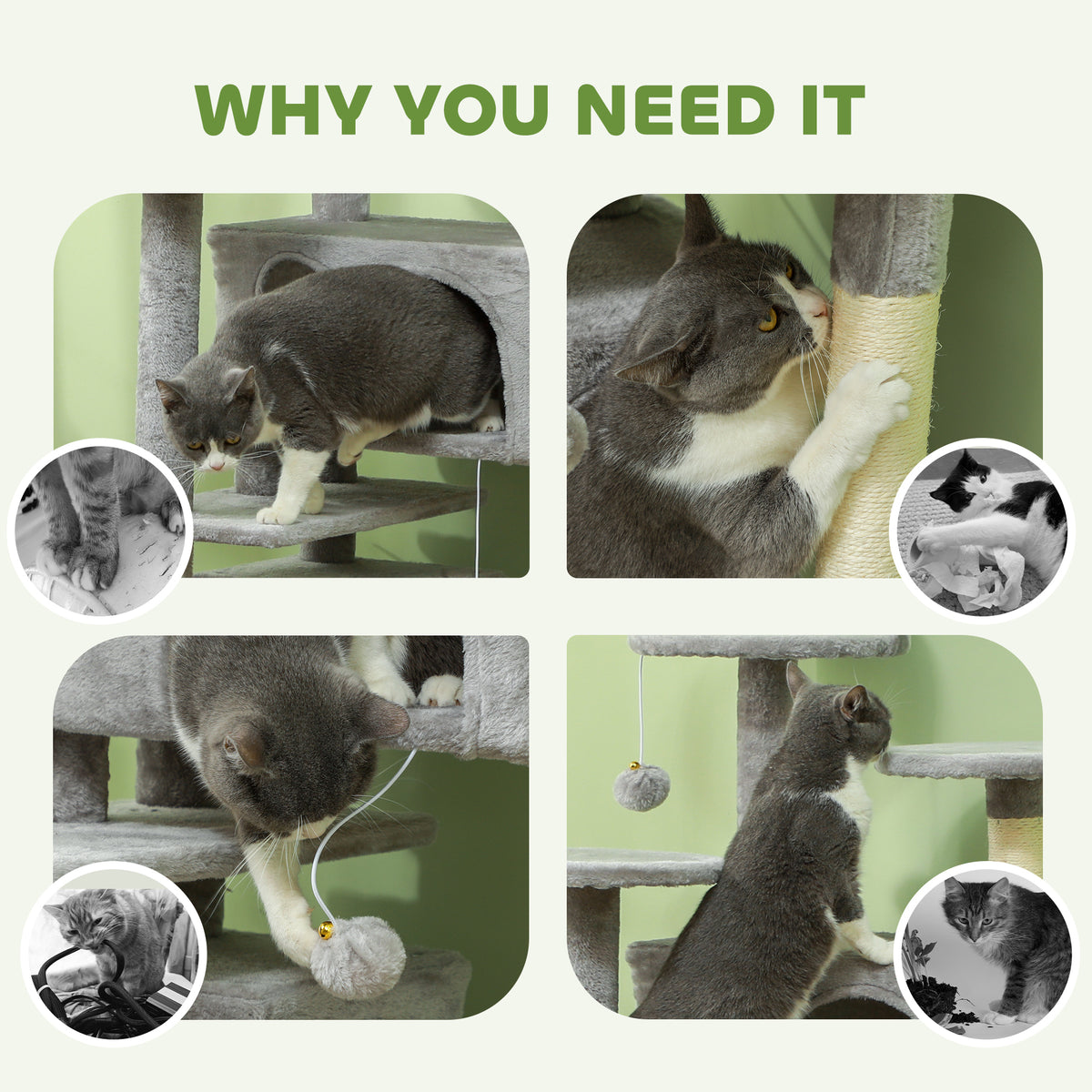 54" Multi-Level Cat Tree Tower with Scratching Posts - Light Grey-Cats-DECOROLALA