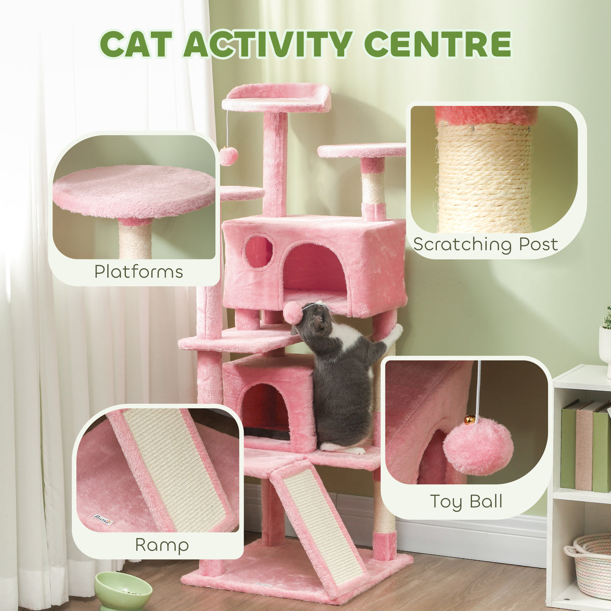 54" Multi-Level Cat Tree Tower with Scratching Posts - Pink-Cats-DECOROLALA