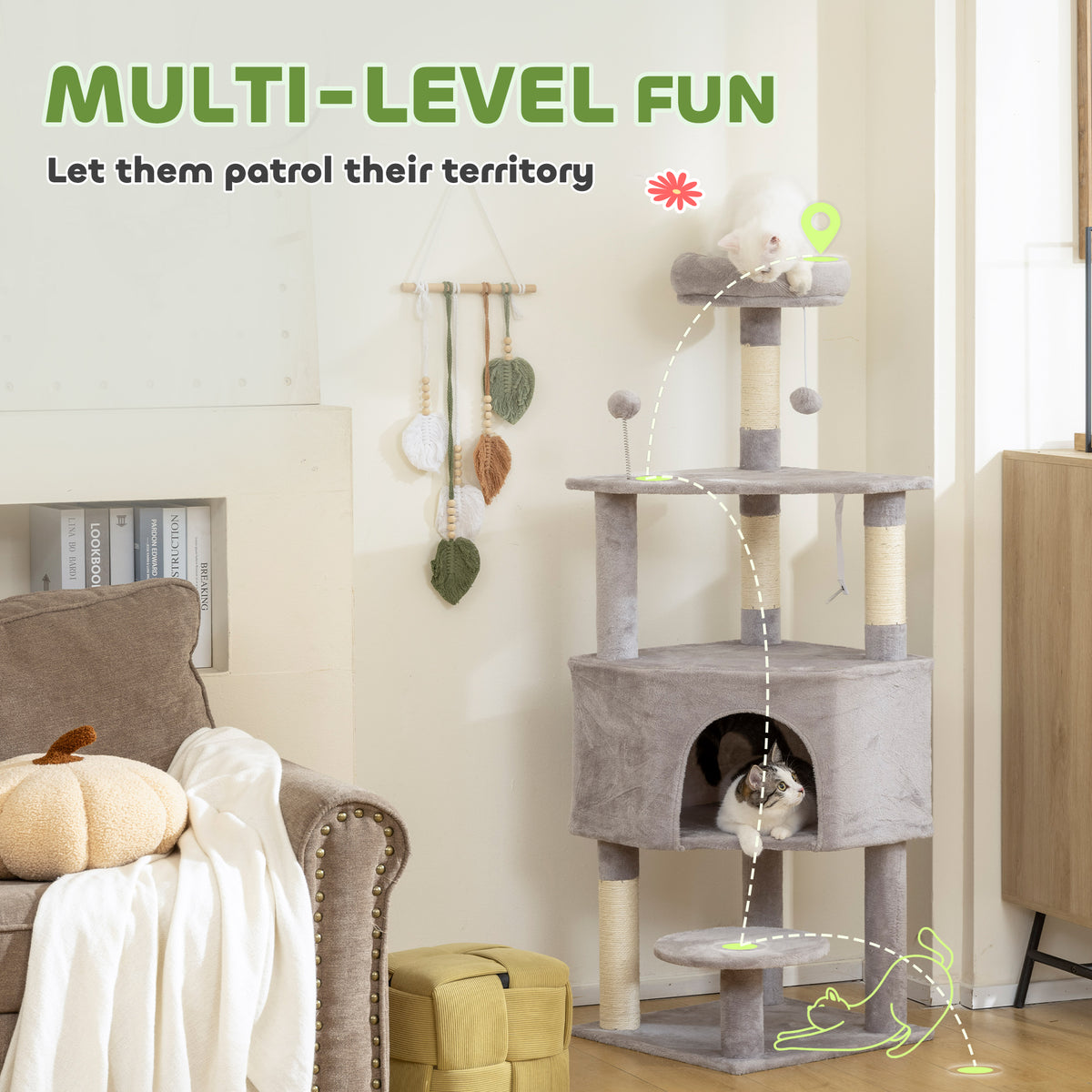 54" Multi-Level Cat Tree with Condo and Perch - Light Grey-Cats-DECOROLALA