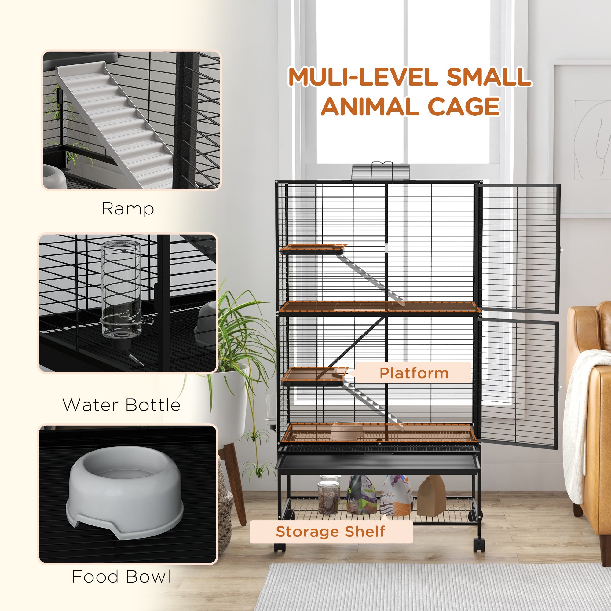 54" Rolling Small Animal Cage - 4-Tier Ferret & Chinchilla Cage-DECOROLALA