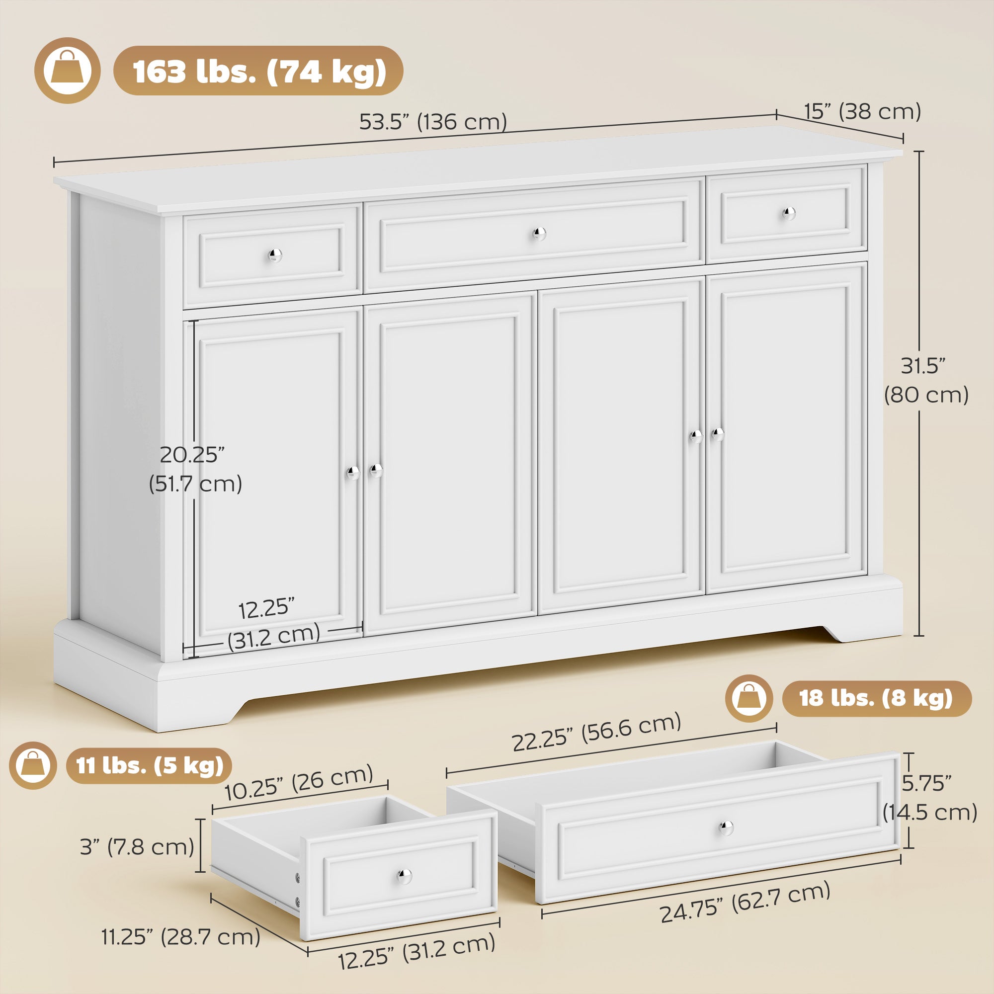 54" Sideboard Buffet Cabinet with Soft-Close Doors - White-DECOROLALA