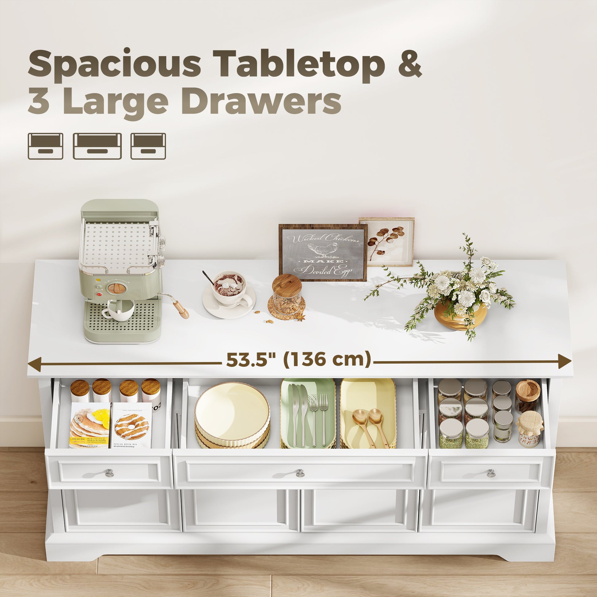 54" Sideboard Buffet Cabinet with Soft-Close Doors - White-DECOROLALA