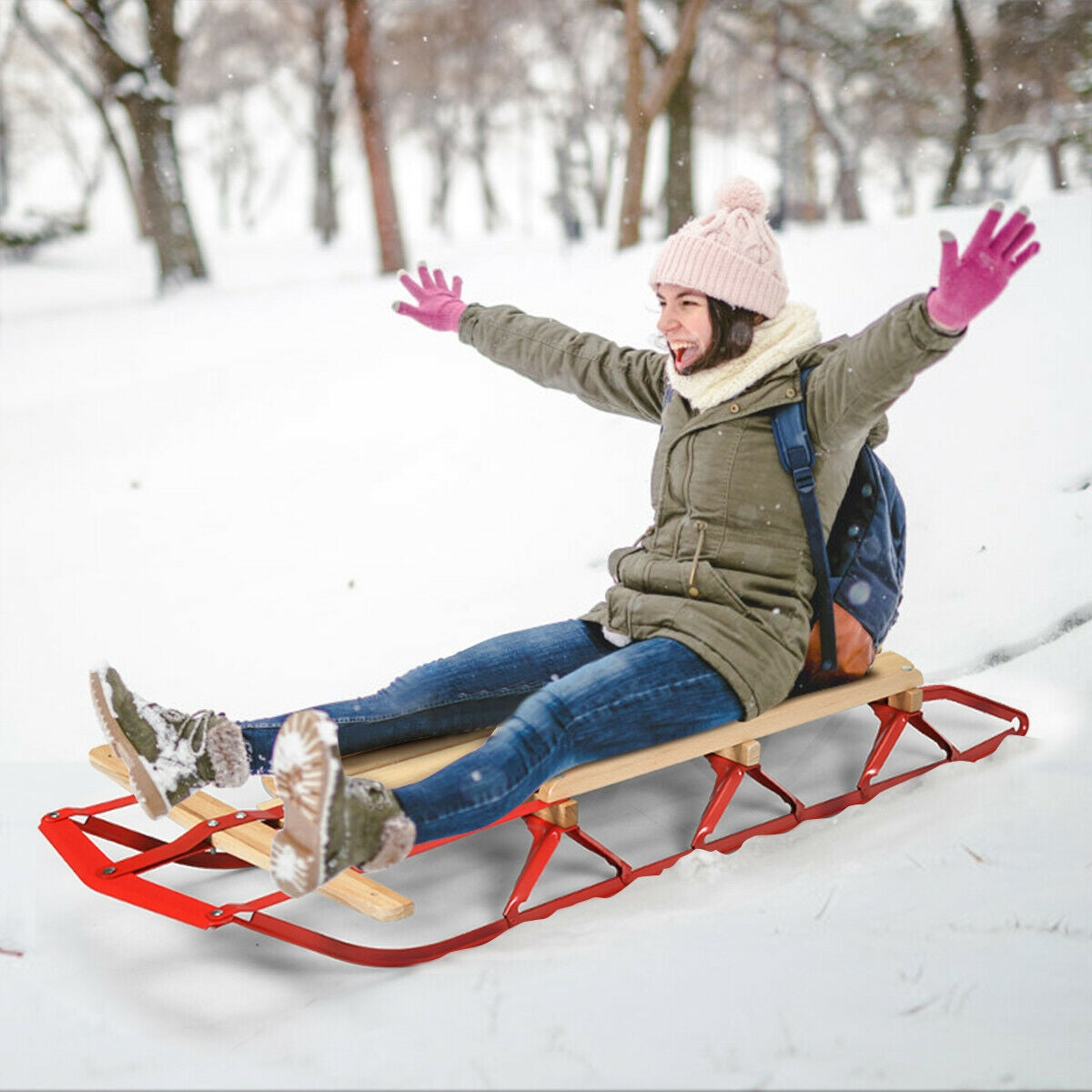 54" Wooden Snow Sled with Steering Bar and Metal Runners-Winter Sports Equipment-DECOROLALA