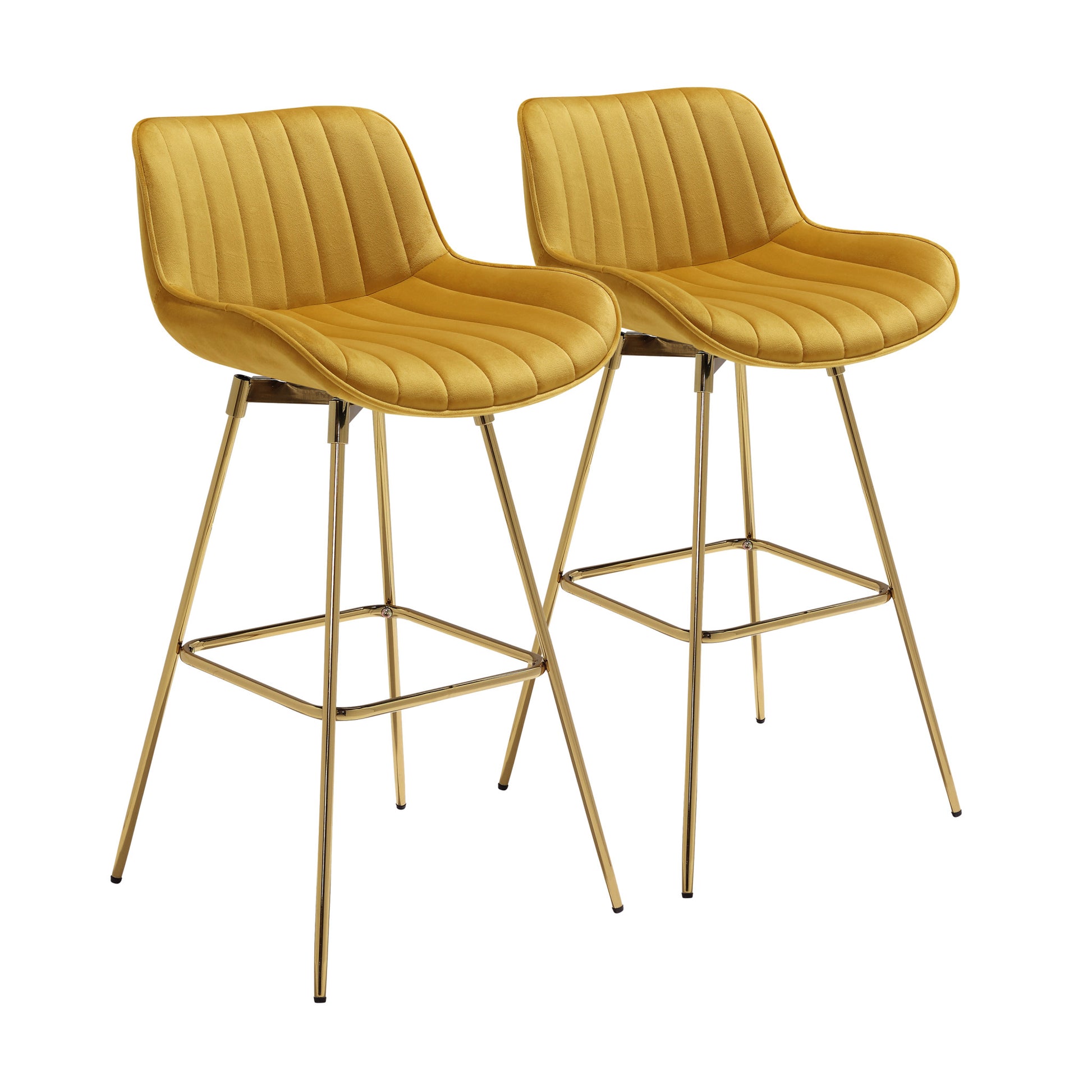 Set of Two 29" Yellow and Gold Velvet and Metal Low Back Bar Height Swivel Bar Chairs-2