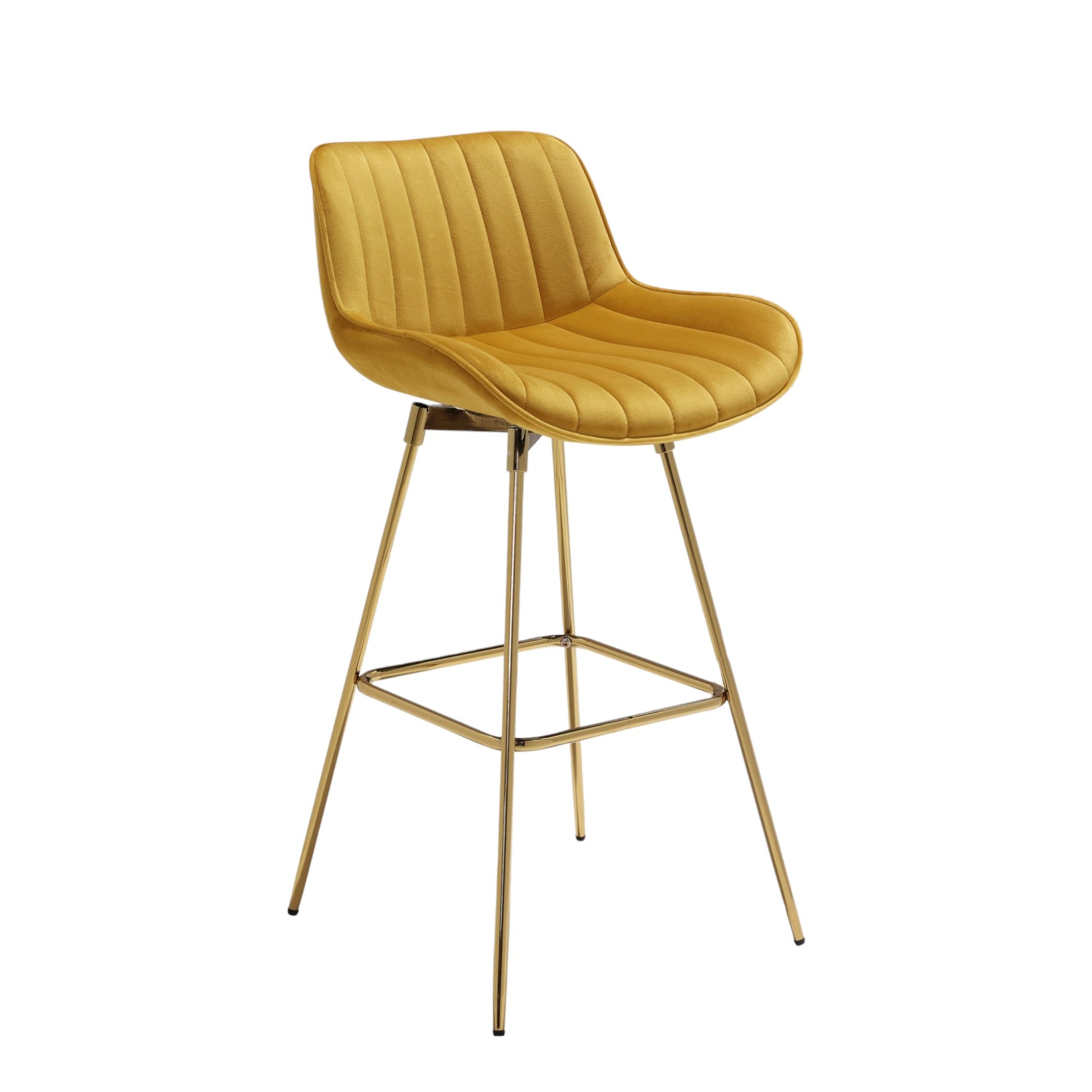 Set of Two 29" Yellow and Gold Velvet and Metal Low Back Bar Height Swivel Bar Chairs-0