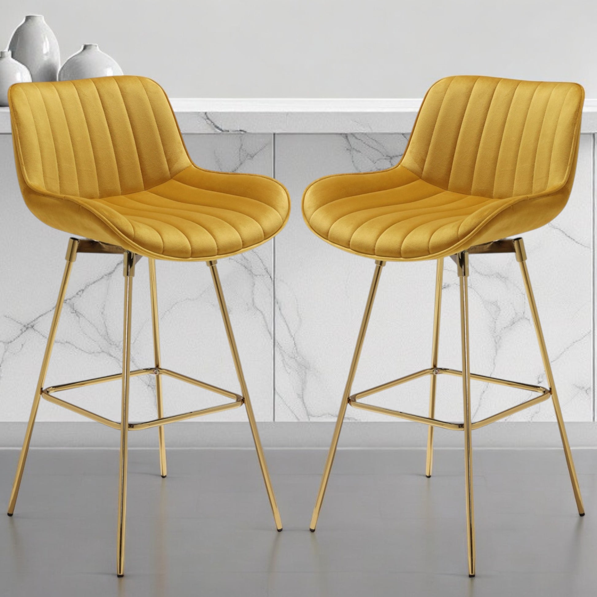 Set of Two 29" Yellow and Gold Velvet and Metal Low Back Bar Height Swivel Bar Chairs-1
