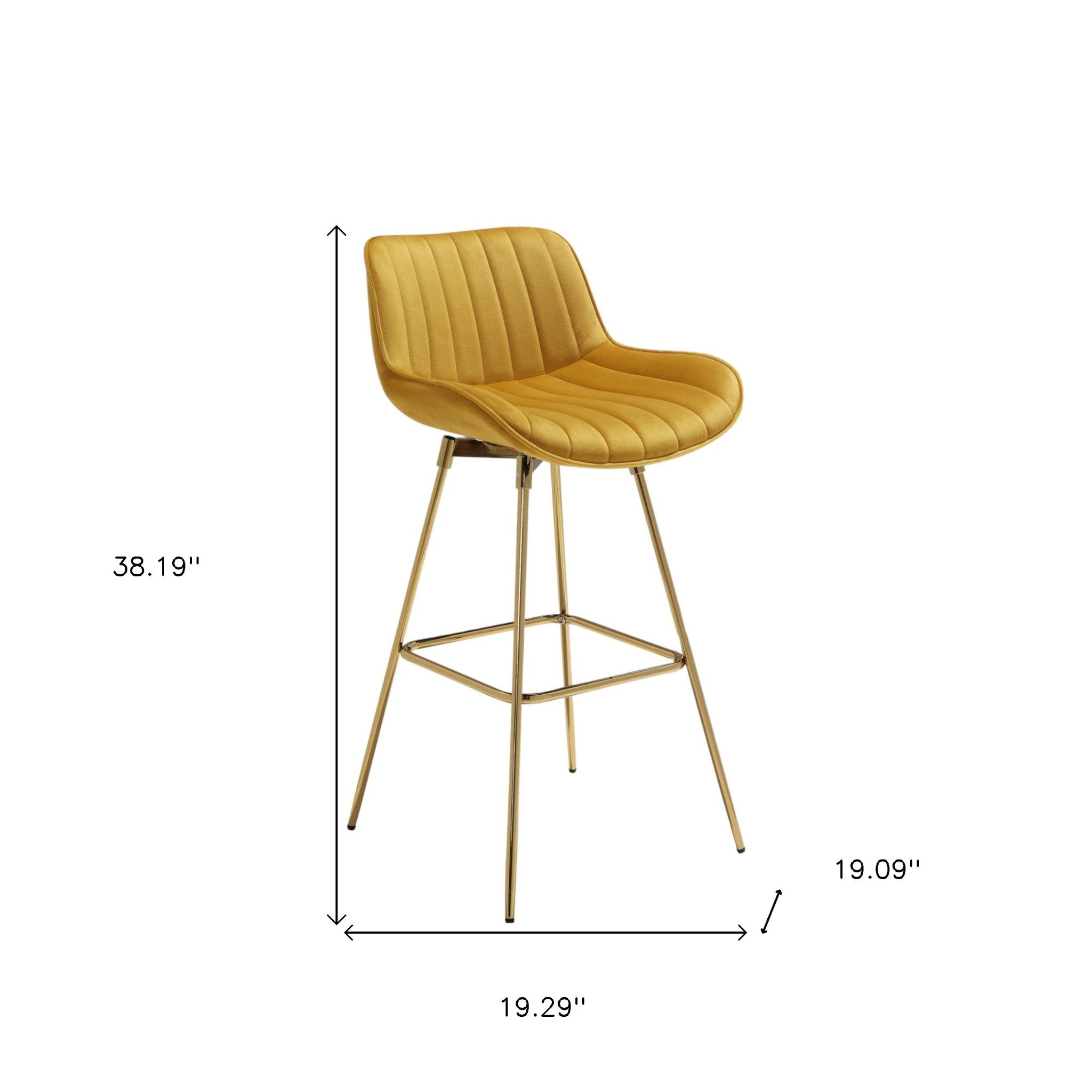 Set of Two 29" Yellow and Gold Velvet and Metal Low Back Bar Height Swivel Bar Chairs-5