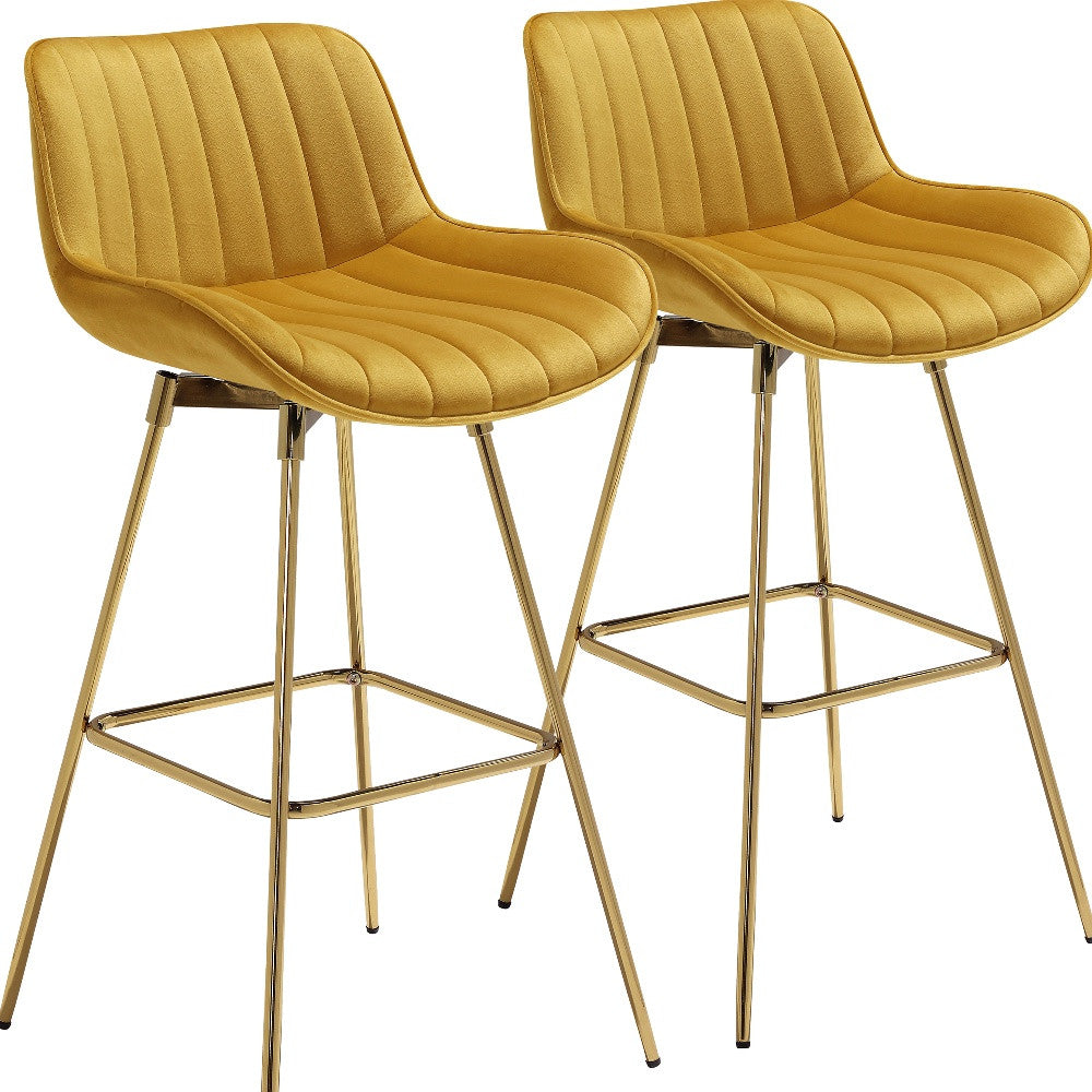 Set of Two 29" Yellow and Gold Velvet and Metal Low Back Bar Height Swivel Bar Chairs-3