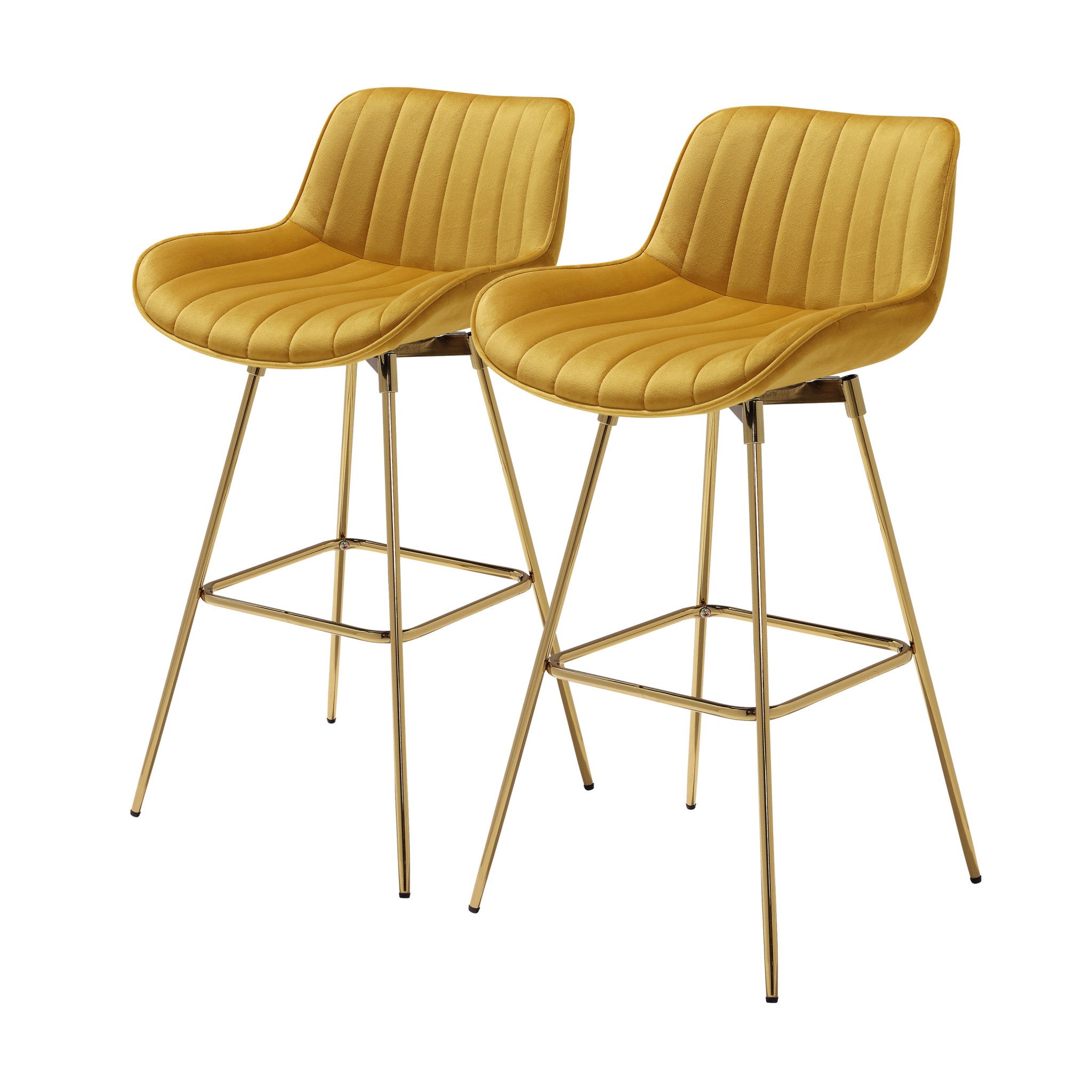 Set of Two 29" Yellow and Gold Velvet and Metal Low Back Bar Height Swivel Bar Chairs-4