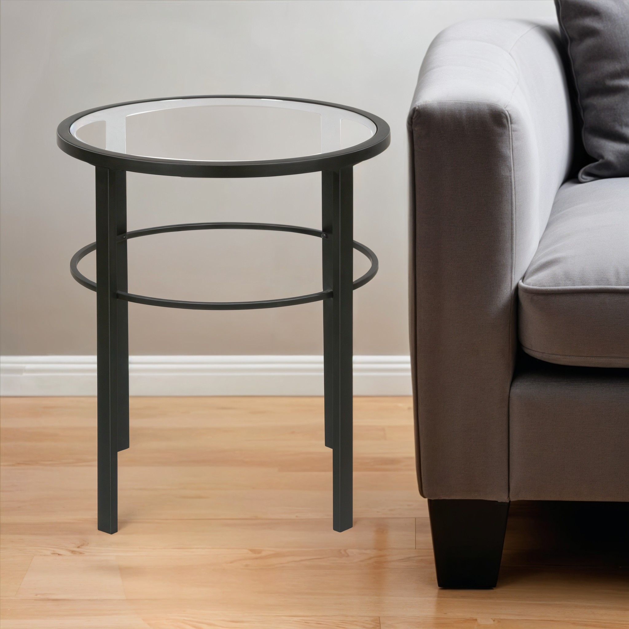 22" Black And Clear Glass And Steel Round End Table-End-Side Tables-DECOROLALA