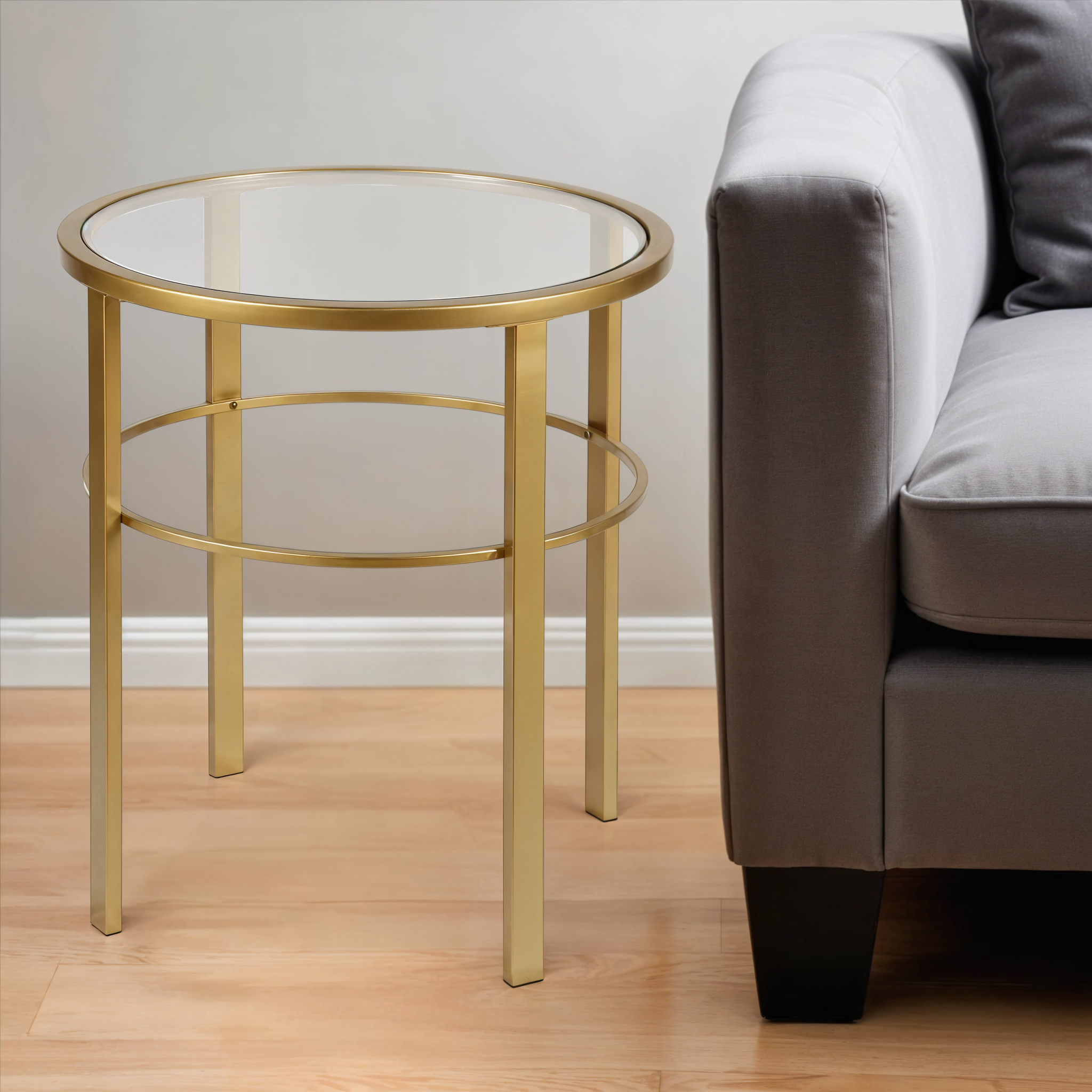 22" Brass And Clear Glass And Steel Round End Table-End-Side Tables-DECOROLALA