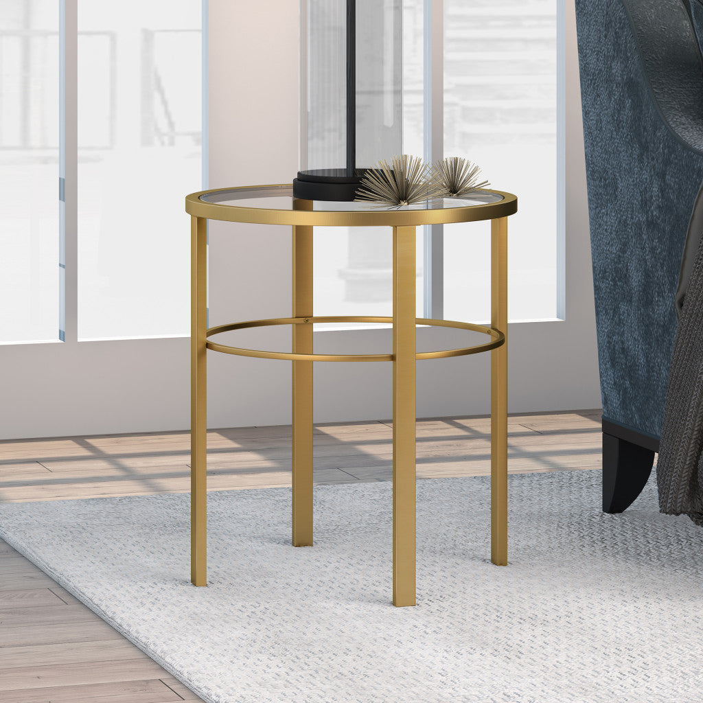 22" Brass And Clear Glass And Steel Round End Table-End-Side Tables-DECOROLALA