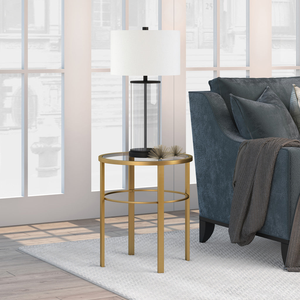 22" Brass And Clear Glass And Steel Round End Table-End-Side Tables-DECOROLALA
