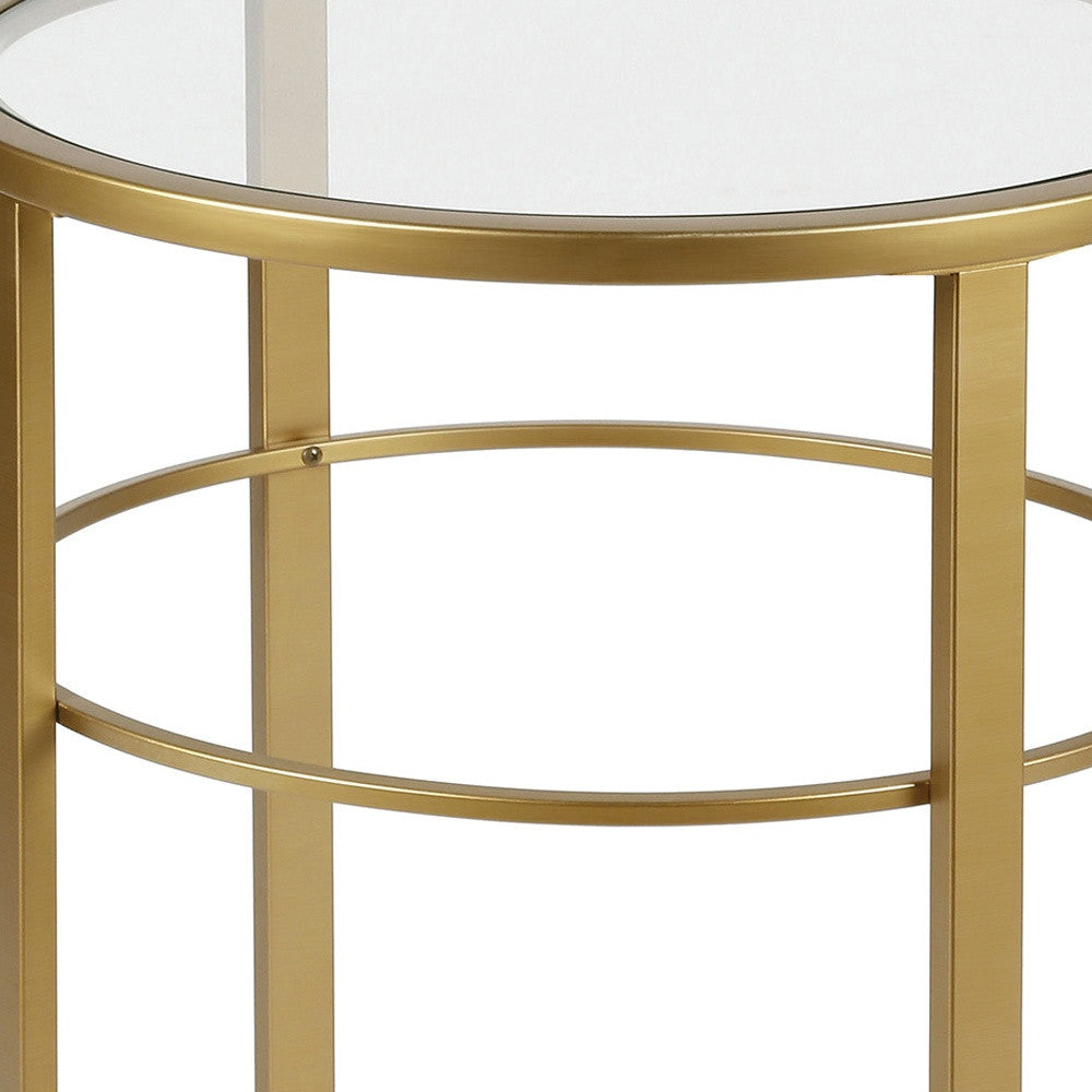 22" Brass And Clear Glass And Steel Round End Table-End-Side Tables-DECOROLALA