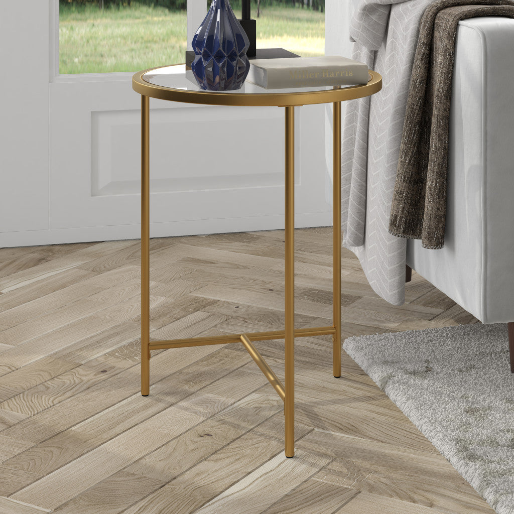 24" Gold And Clear Glass And Steel Round End Table-End-Side Tables-DECOROLALA
