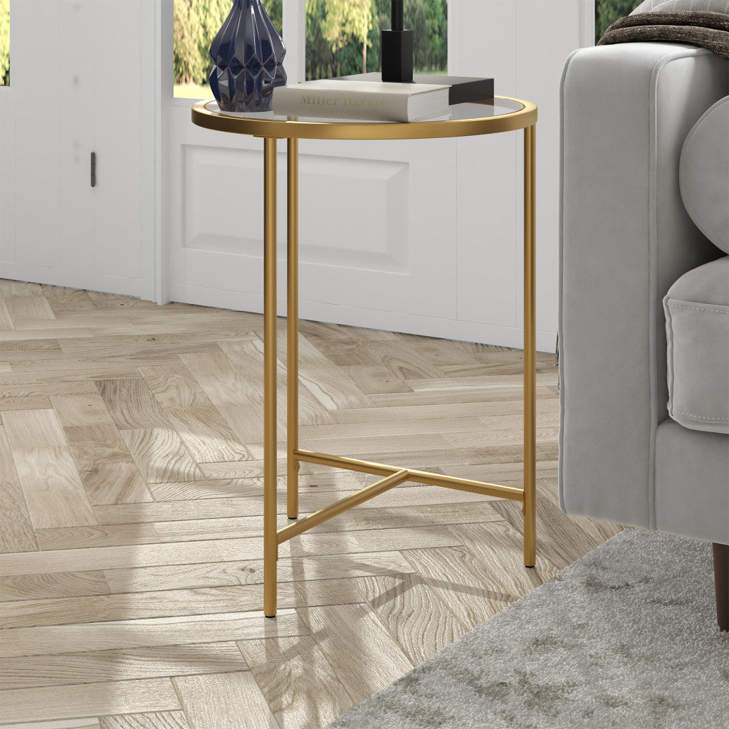 24" Gold And Clear Glass And Steel Round End Table-End-Side Tables-DECOROLALA