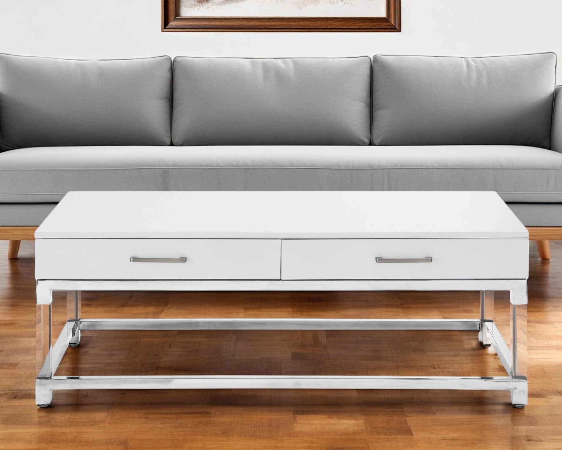 47" White Silver And Clear Wood Acrylic And Steel Coffee Table-0