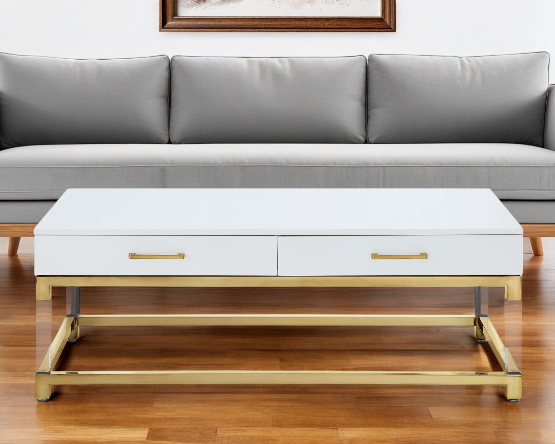47" White Gold And Clear Wood Acrylic And Steel Coffee Table-0