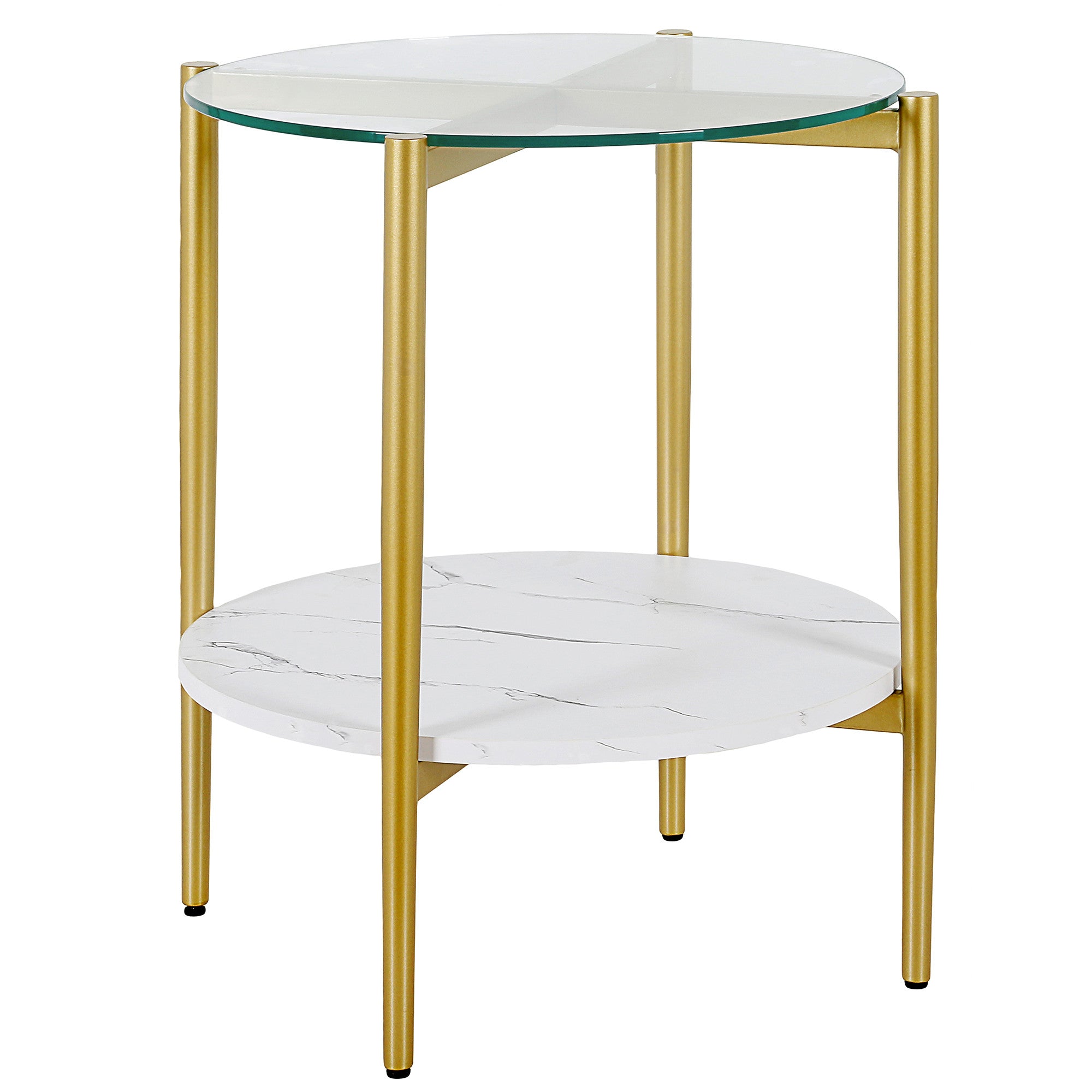 22" Gold And Clear Glass And Steel Round End Table With Shelf-1