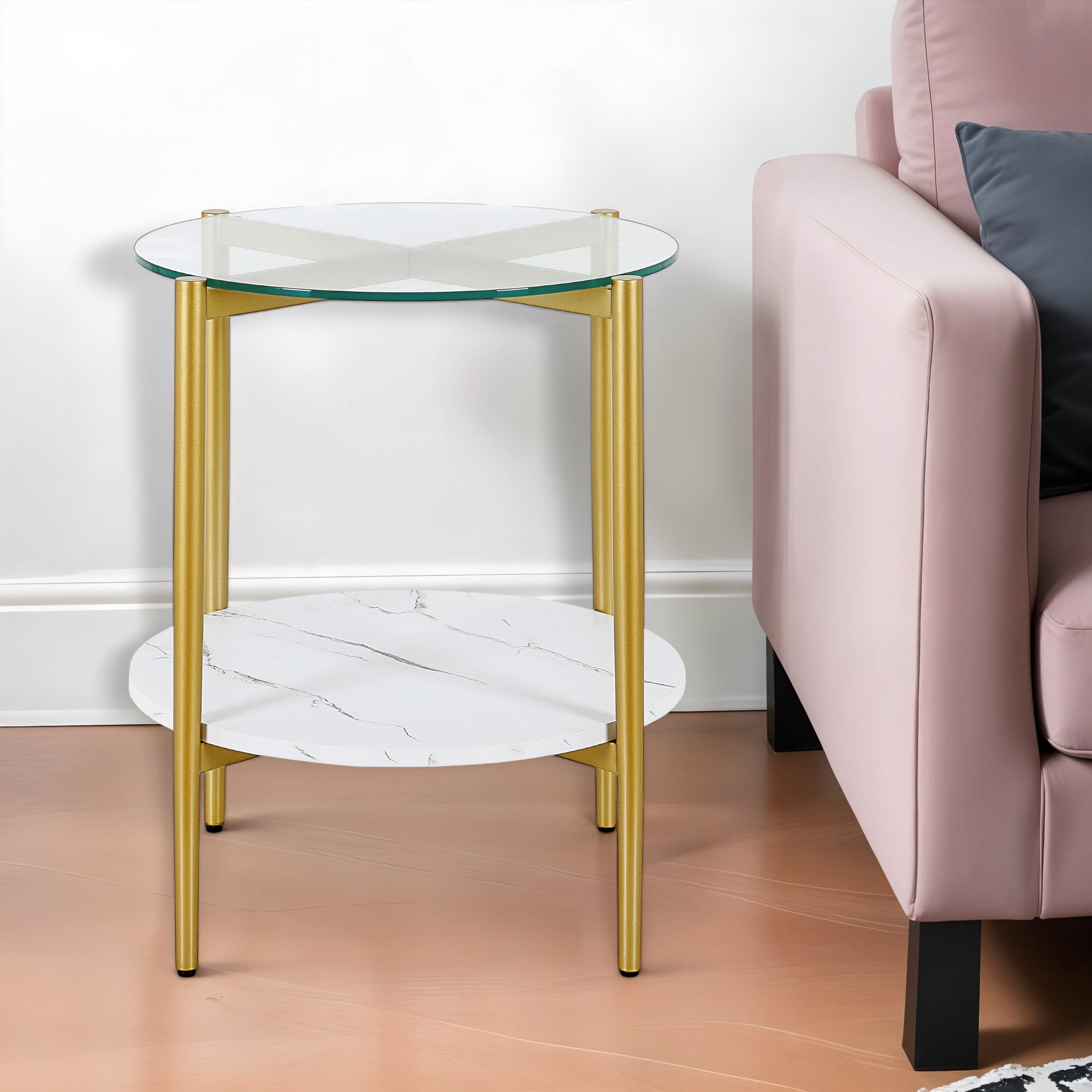 22" Gold And Clear Glass And Steel Round End Table With Shelf-0