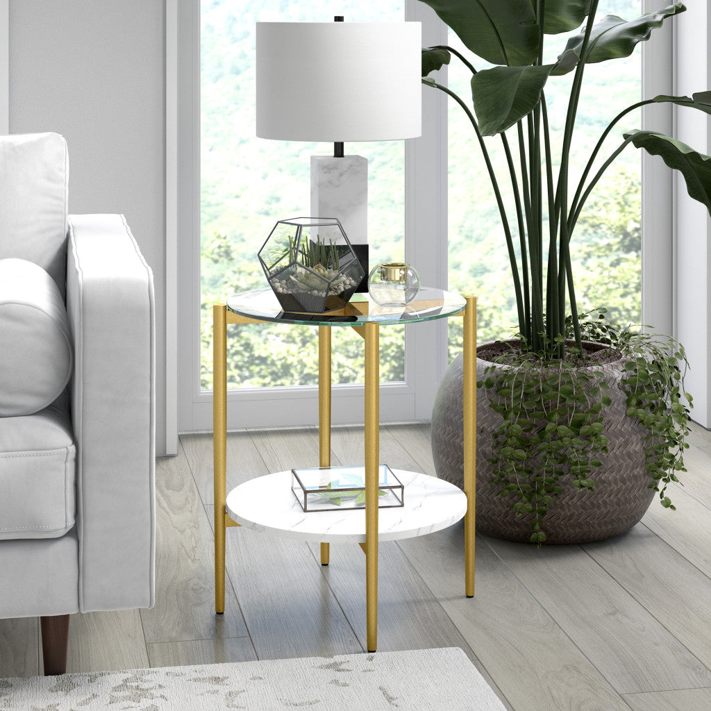 22" Gold And Clear Glass And Steel Round End Table With Shelf-6