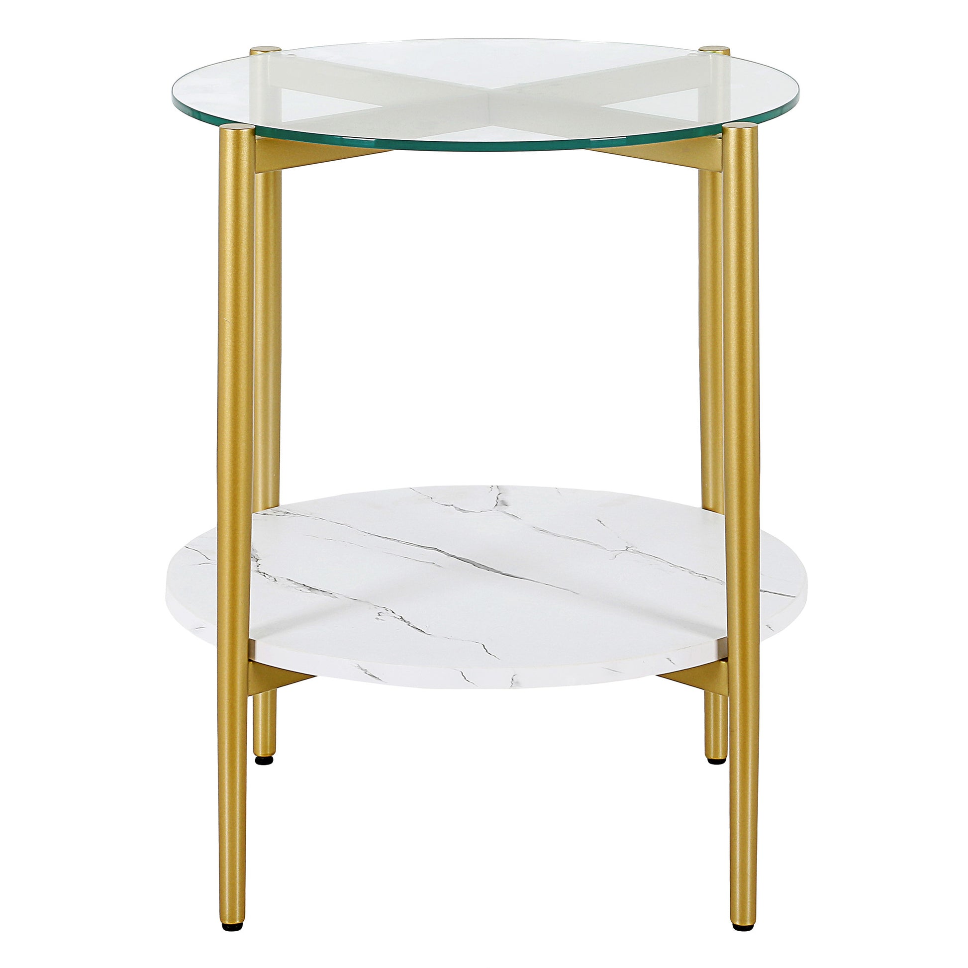 22" Gold And Clear Glass And Steel Round End Table With Shelf-2