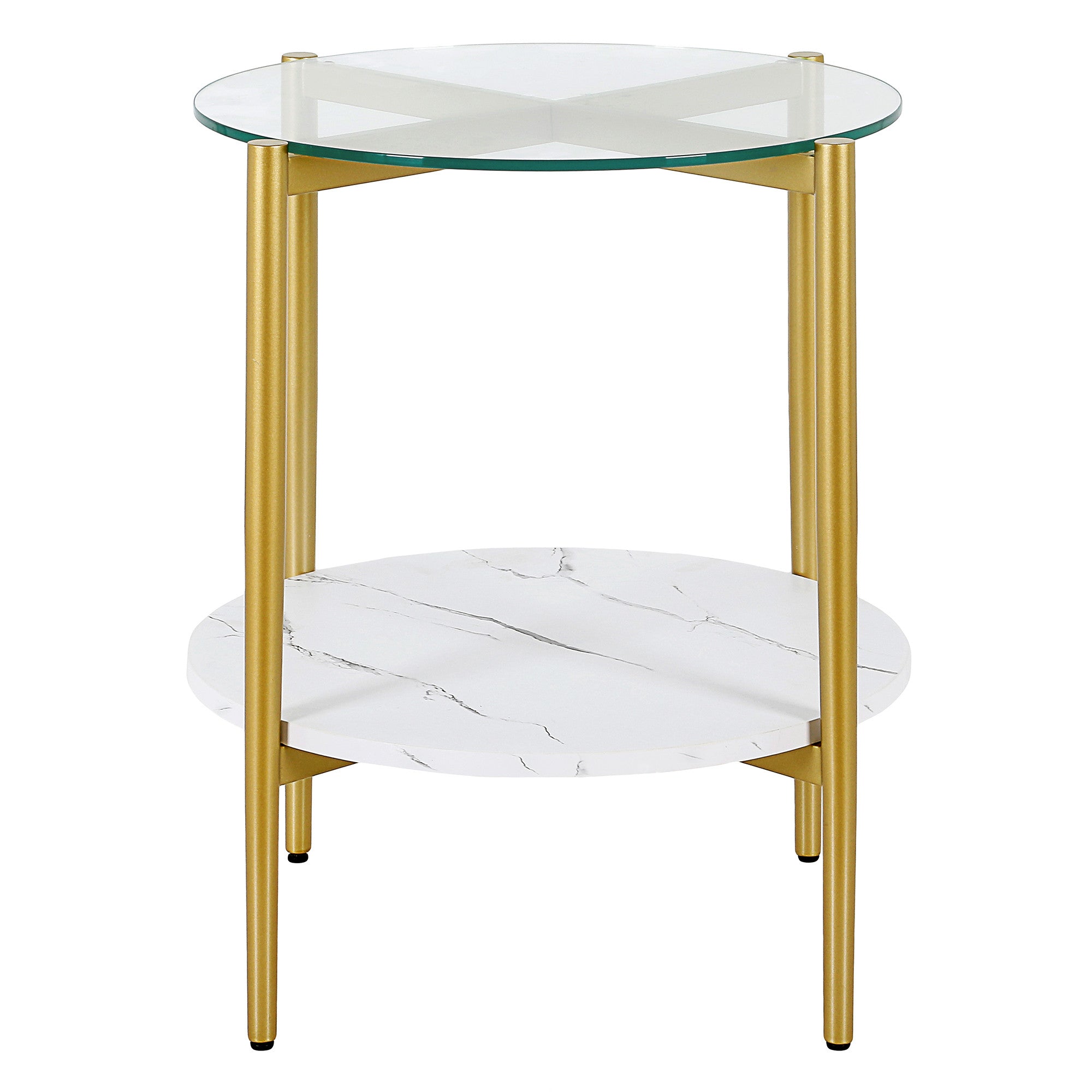 22" Gold And Clear Glass And Steel Round End Table With Shelf-2