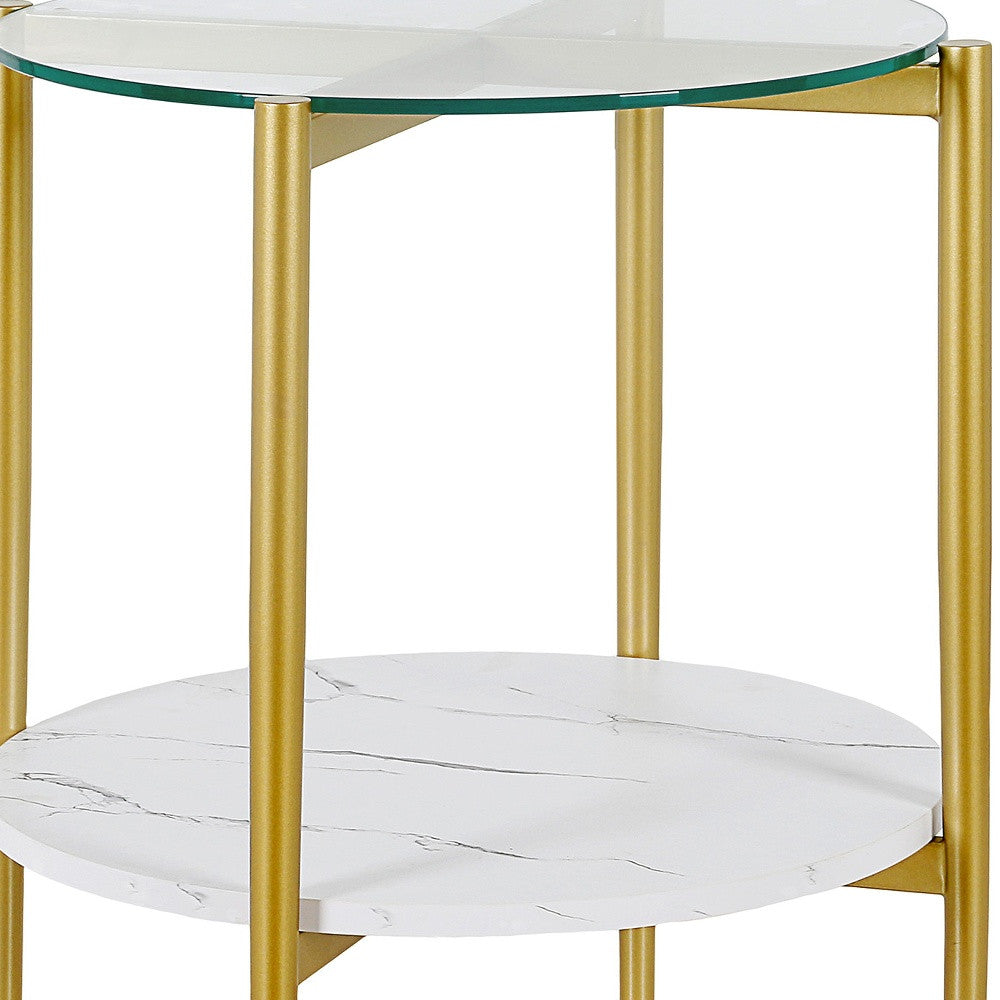 22" Gold And Clear Glass And Steel Round End Table With Shelf-4