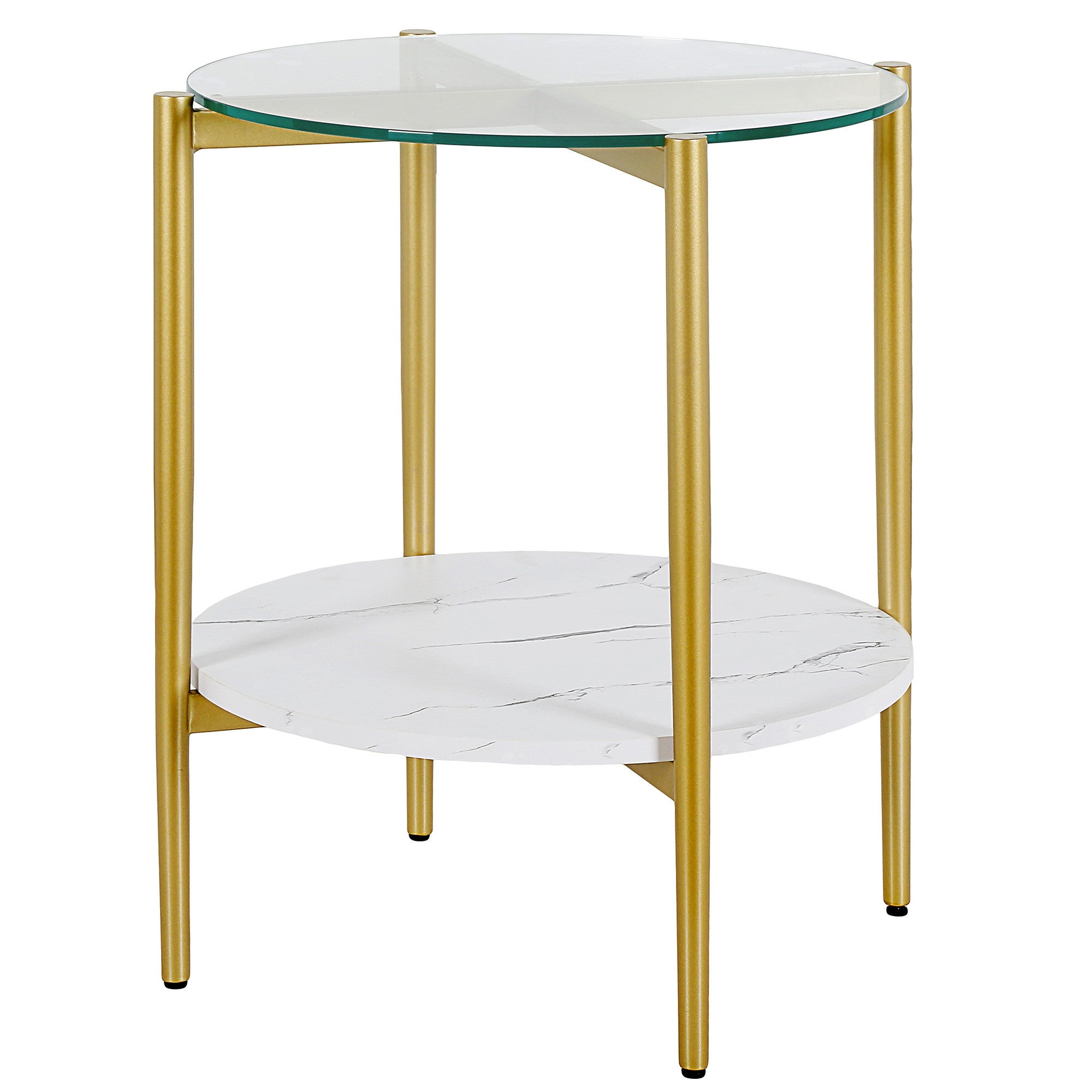22" Gold And Clear Glass And Steel Round End Table With Shelf-3