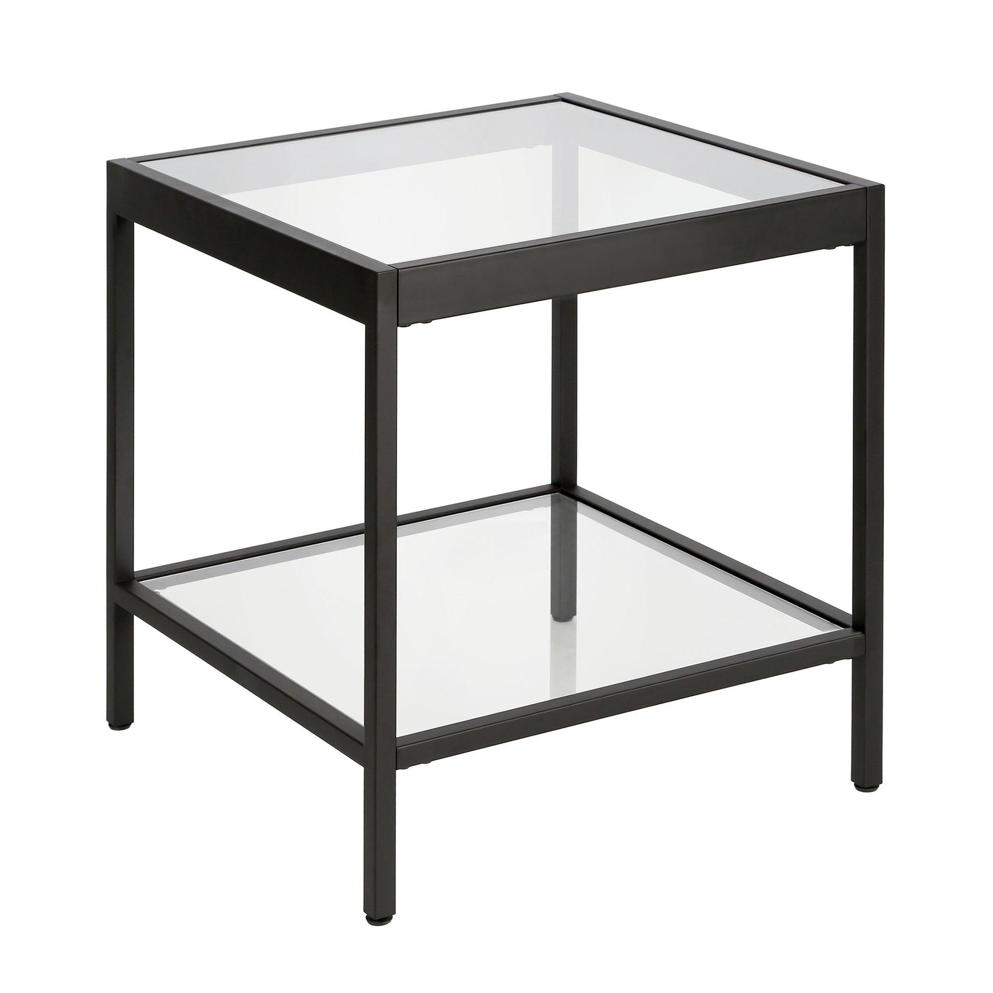 22" Black And Clear Glass And Steel Square End Table With Shelf-End-Side Tables-DECOROLALA