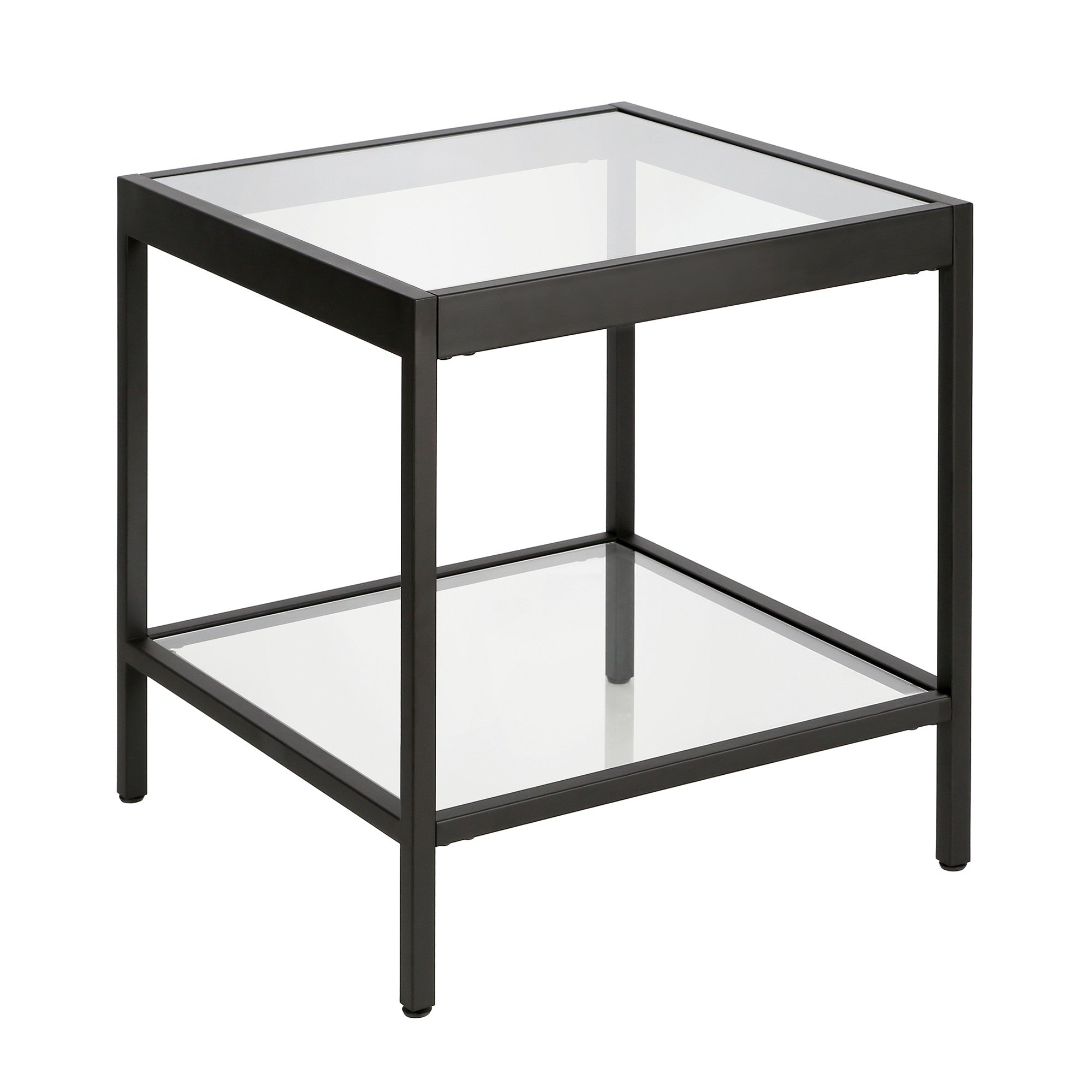 22" Black And Clear Glass And Steel Square End Table With Shelf-End-Side Tables-DECOROLALA