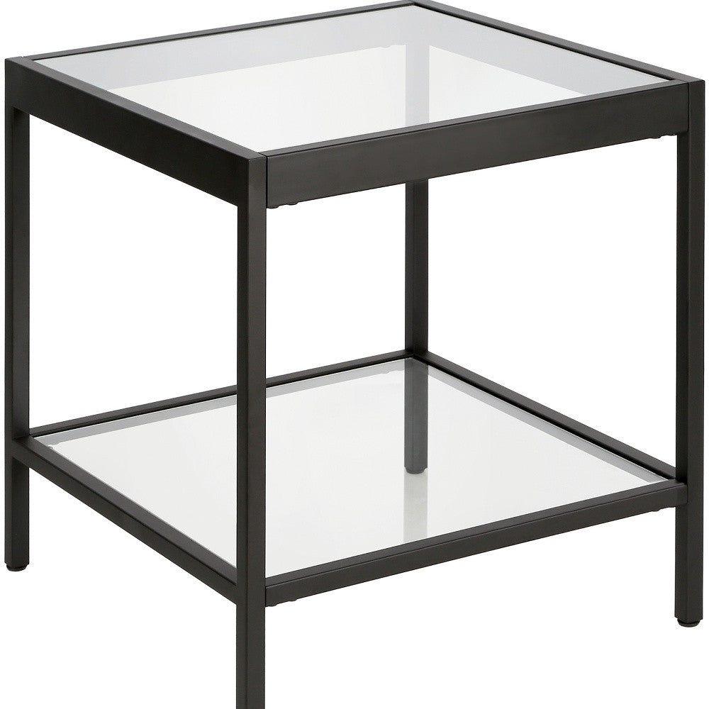 22" Black And Clear Glass And Steel Square End Table With Shelf-End-Side Tables-DECOROLALA