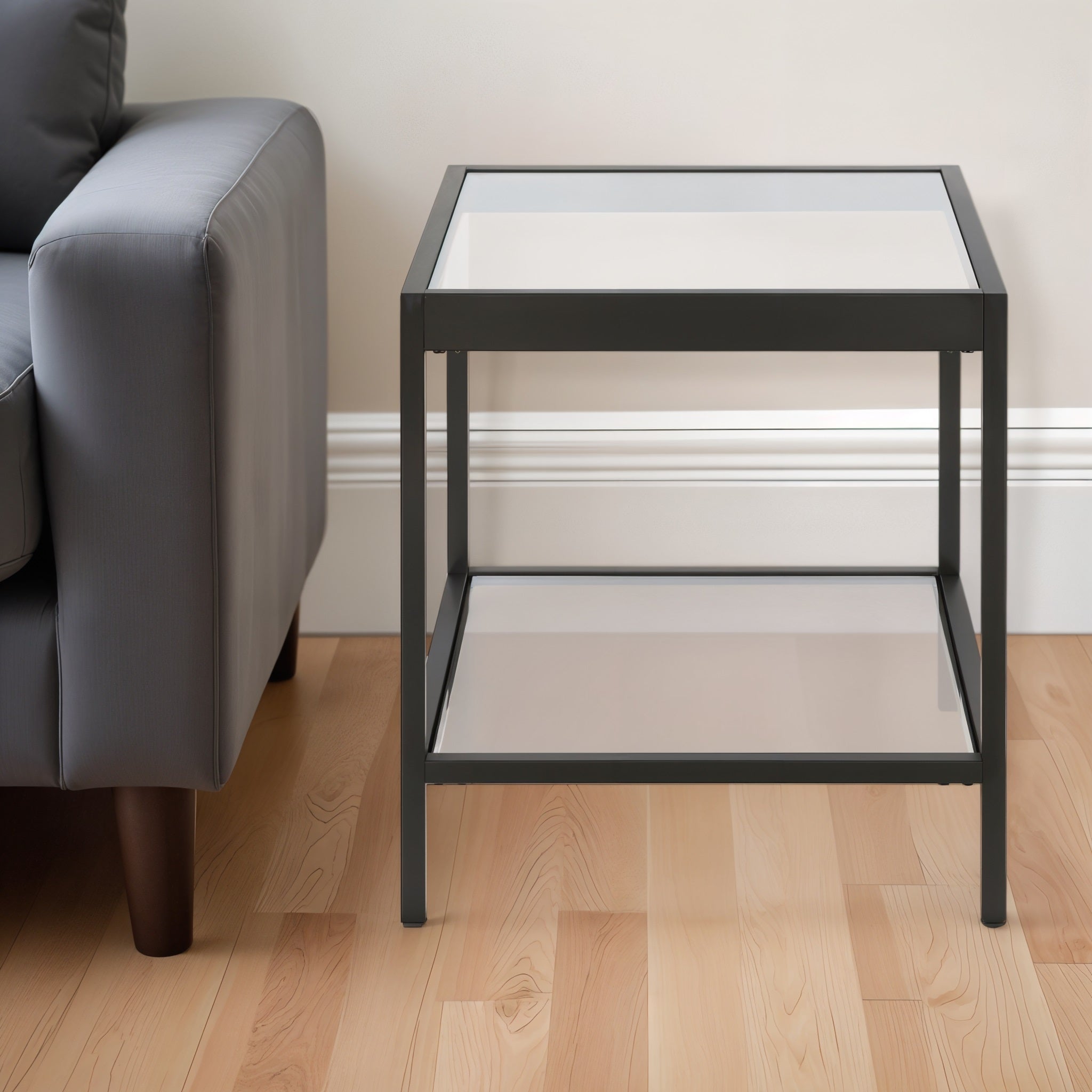 22" Black And Clear Glass And Steel Square End Table With Shelf-End-Side Tables-DECOROLALA
